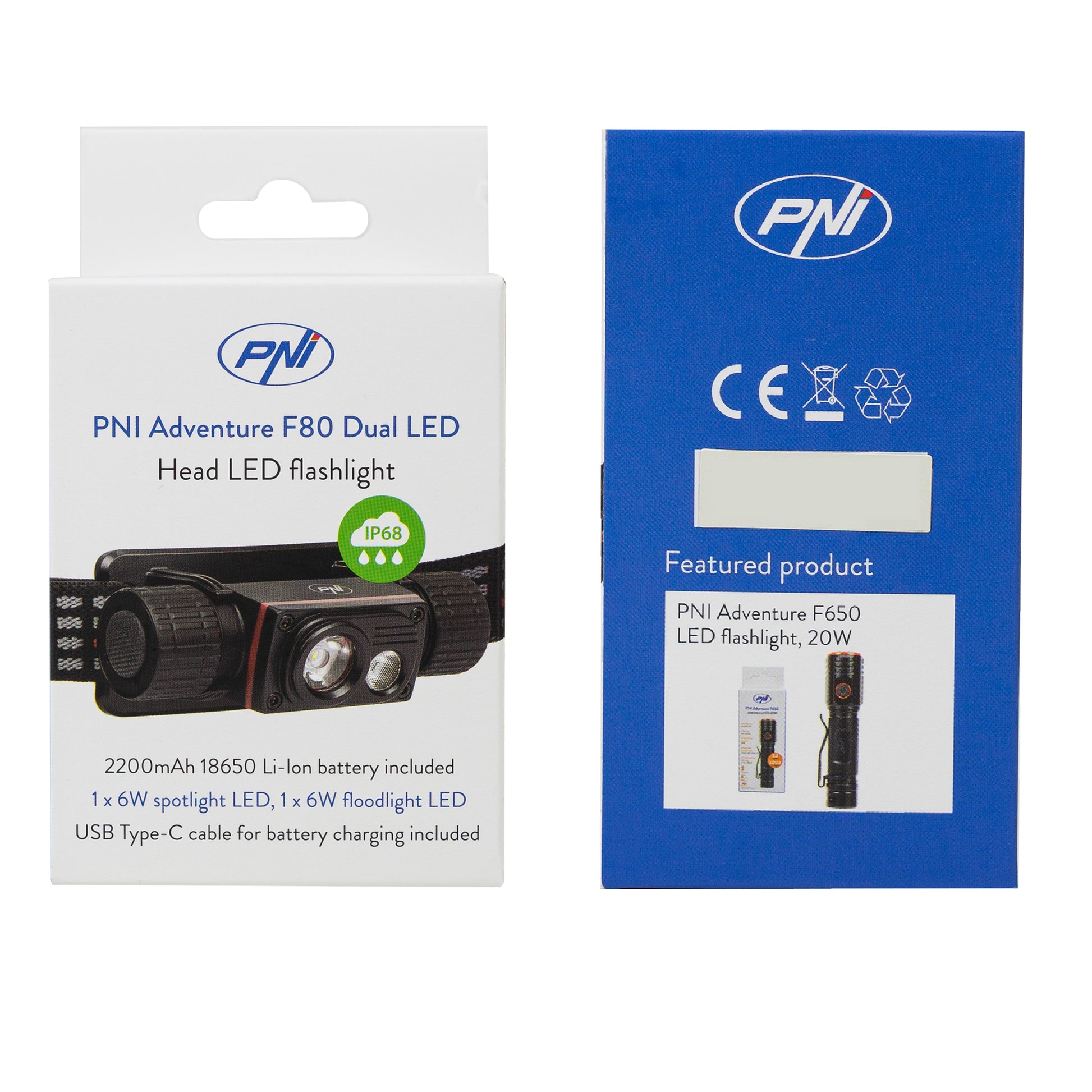 Lanterna frontala PNI Adventure F80 Dual LED, 1000 lm, 6W, 2200 mAh, IP68