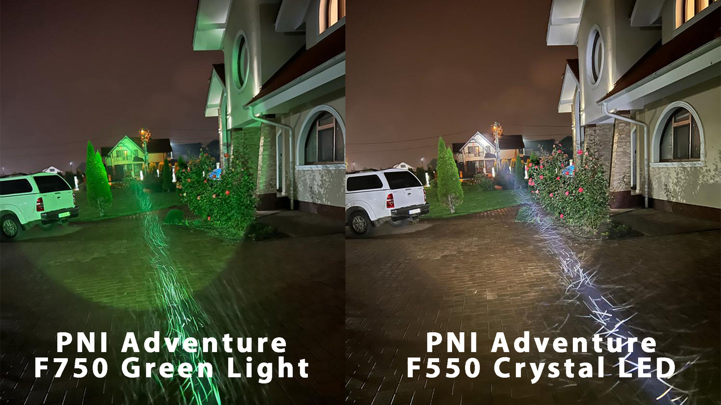 Lanterna PNI Adventure F750 Green Light din aluminiu, LED 10W, 500 lm, pana la 850 m, IP44, acumulator 4000mAh inclus, incarcare prin USB Type-C, lumina verde perfecta la vanatoare