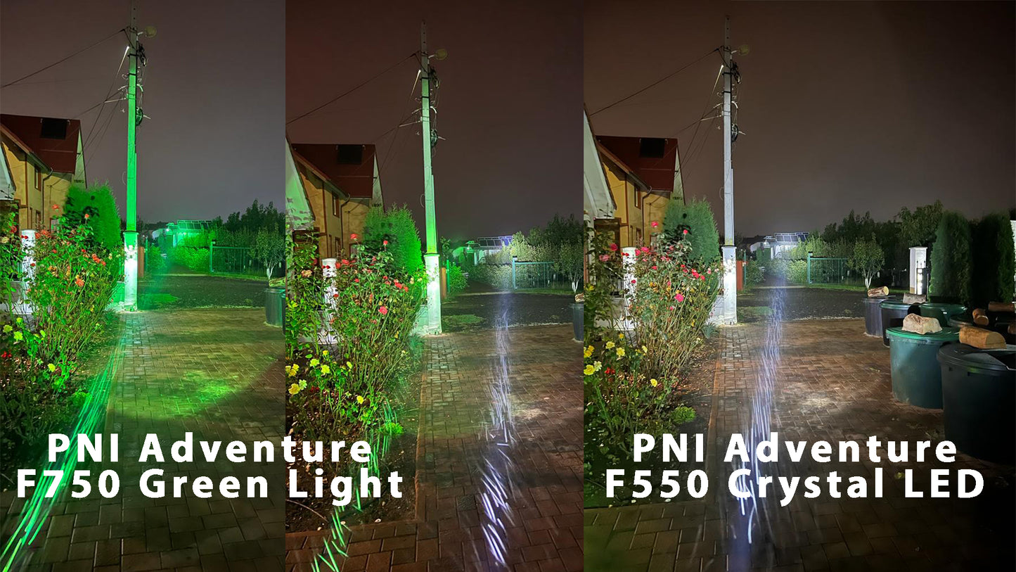 Lanterna PNI Adventure F750 Green Light din aluminiu, LED 10W, 500 lm, pana la 850 m, IP44, acumulator 4000mAh inclus, incarcare prin USB Type-C, lumina verde perfecta la vanatoare