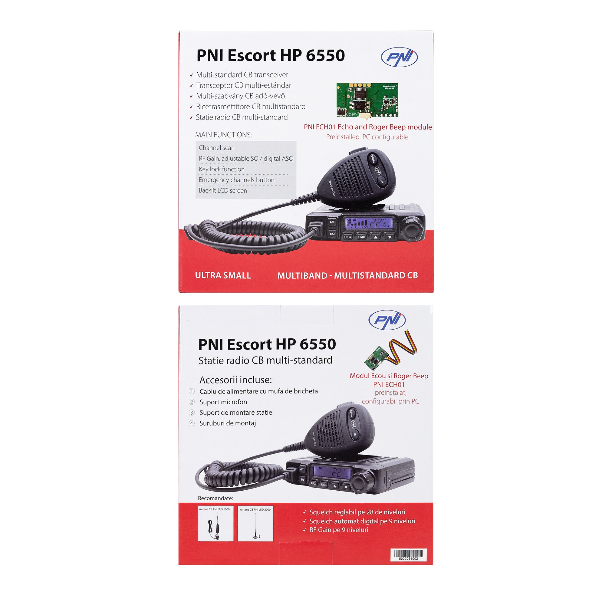 Statie radio CB PNI Escort HP 6550 cu PNI ECH01 instalat, multistandard, 4W, AM-FM, 12V, ASQ, cu modul de ecou