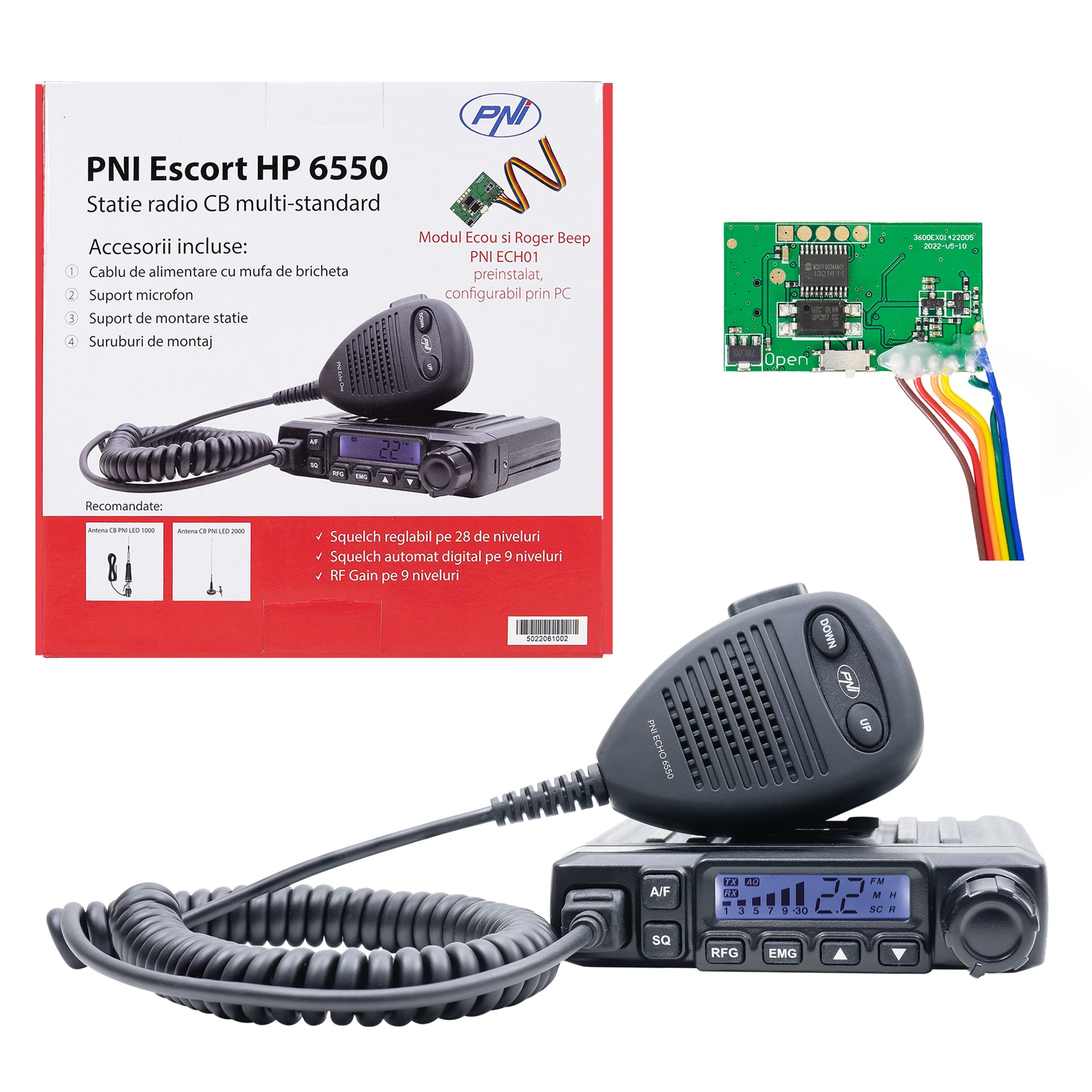 Statie radio CB PNI Escort HP 6550 cu PNI ECH01 instalat, multistandard, 4W, AM-FM, 12V, ASQ, cu modul de ecou