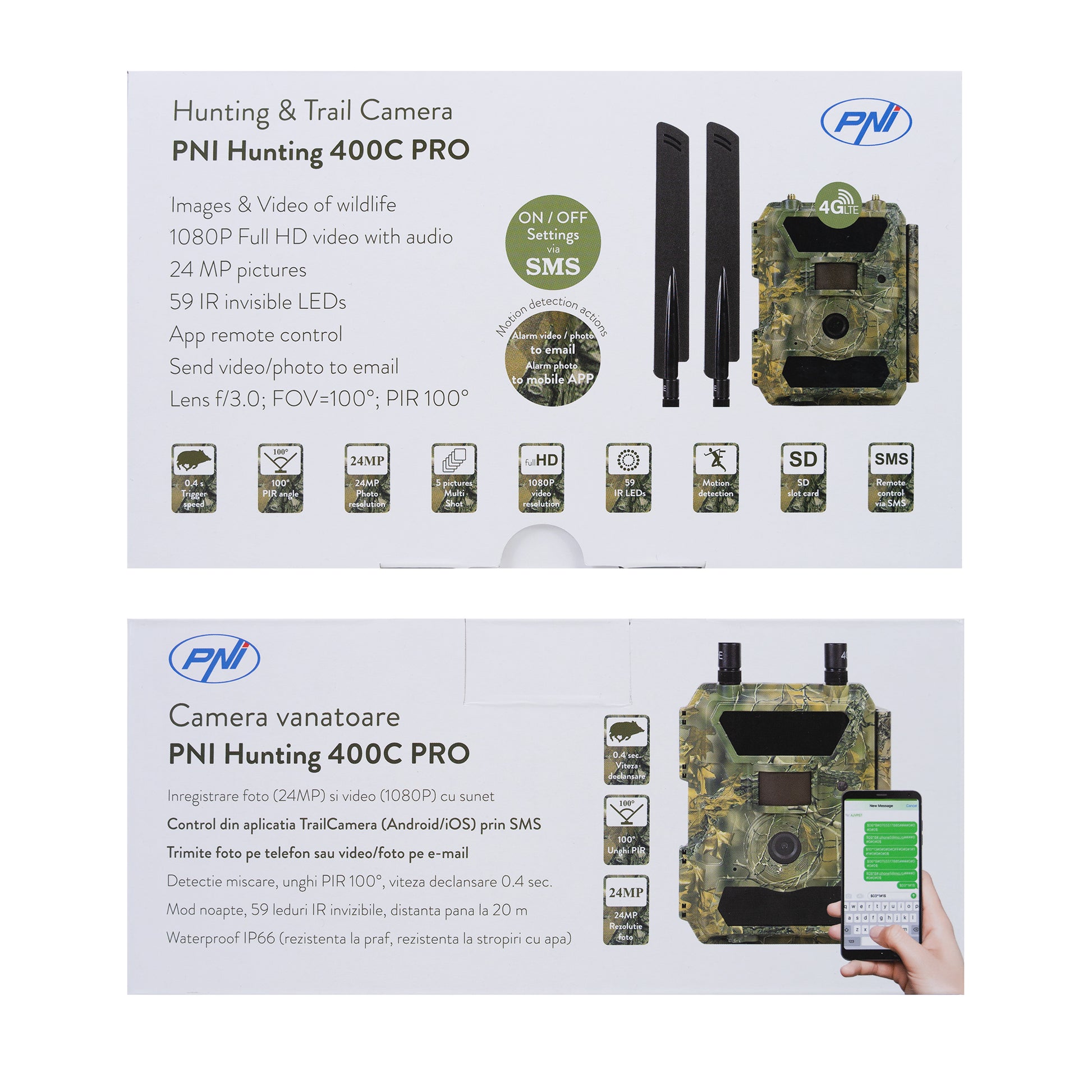 Camera vanatoare PNI Hunting 400C PRO 24MP cu Internet 4G LTE, GPS, transmite simultan video si foto pe telefon, 4 email-uri, FTP, full HD 1080P, Night Vision, 59 LED-uri invizibile pentru animale
