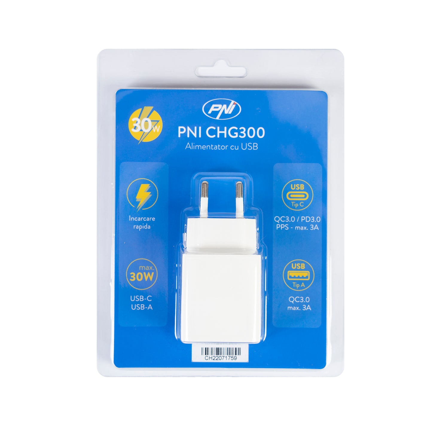 Alimentator PNI CHG300 cu port USB C, QC3.0, PD3.0, PPS si port USB-A, 30W