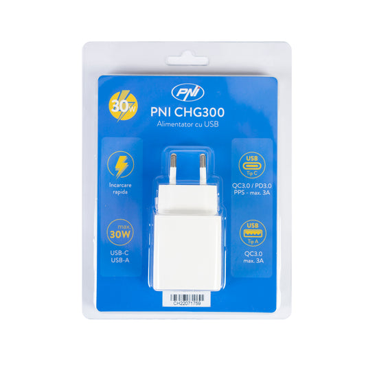 Alimentator PNI CHG300 cu port USB C, QC3.0, PD3.0, PPS si port USB-A, 30W