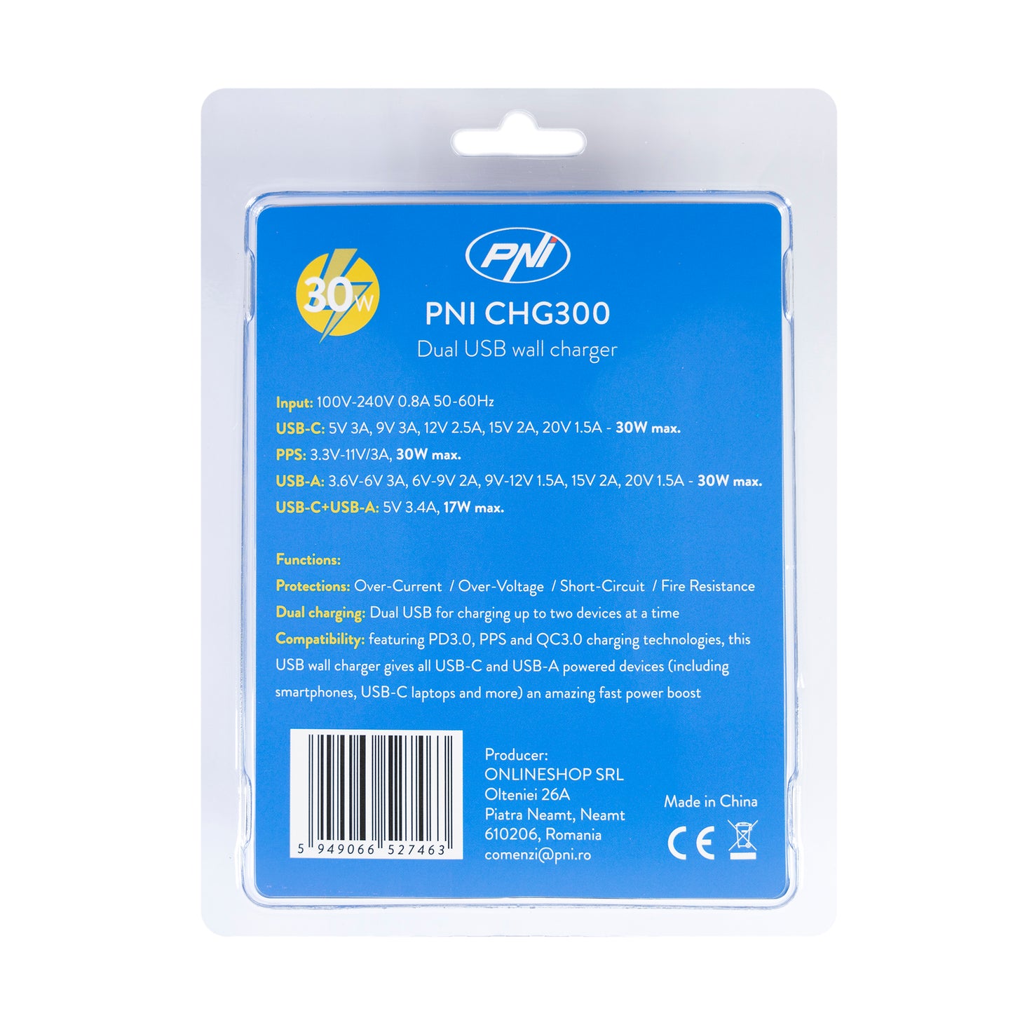 Alimentator PNI CHG300 cu port USB C, QC3.0, PD3.0, PPS si port USB-A, 30W