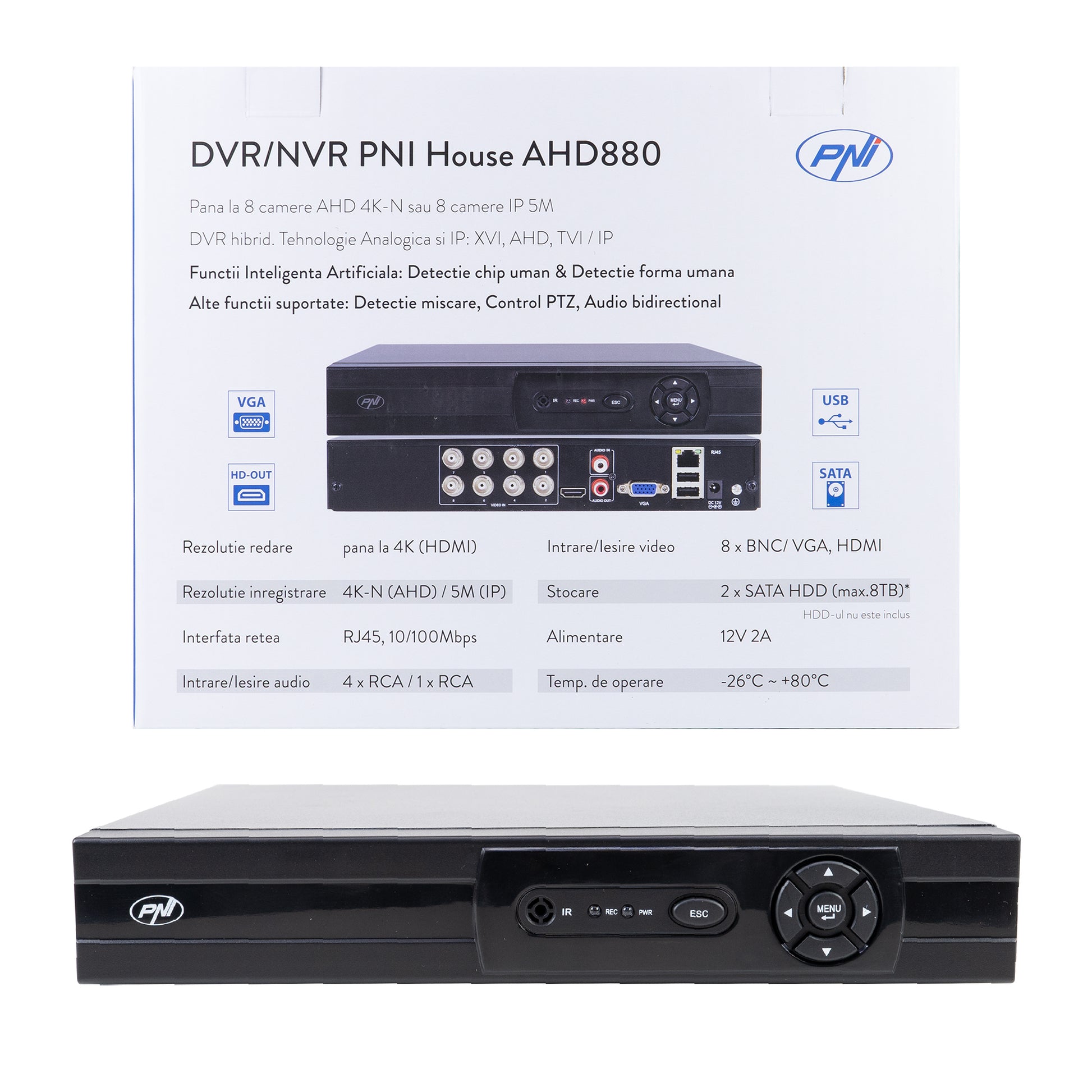 DVR/NVR PNI House AHD880, 8 canale analogice 4K-N sau 8 canale IP 5MP, H265+, intrare audio, iesire audio, USB2.0, 2 x SATA max 8TB
