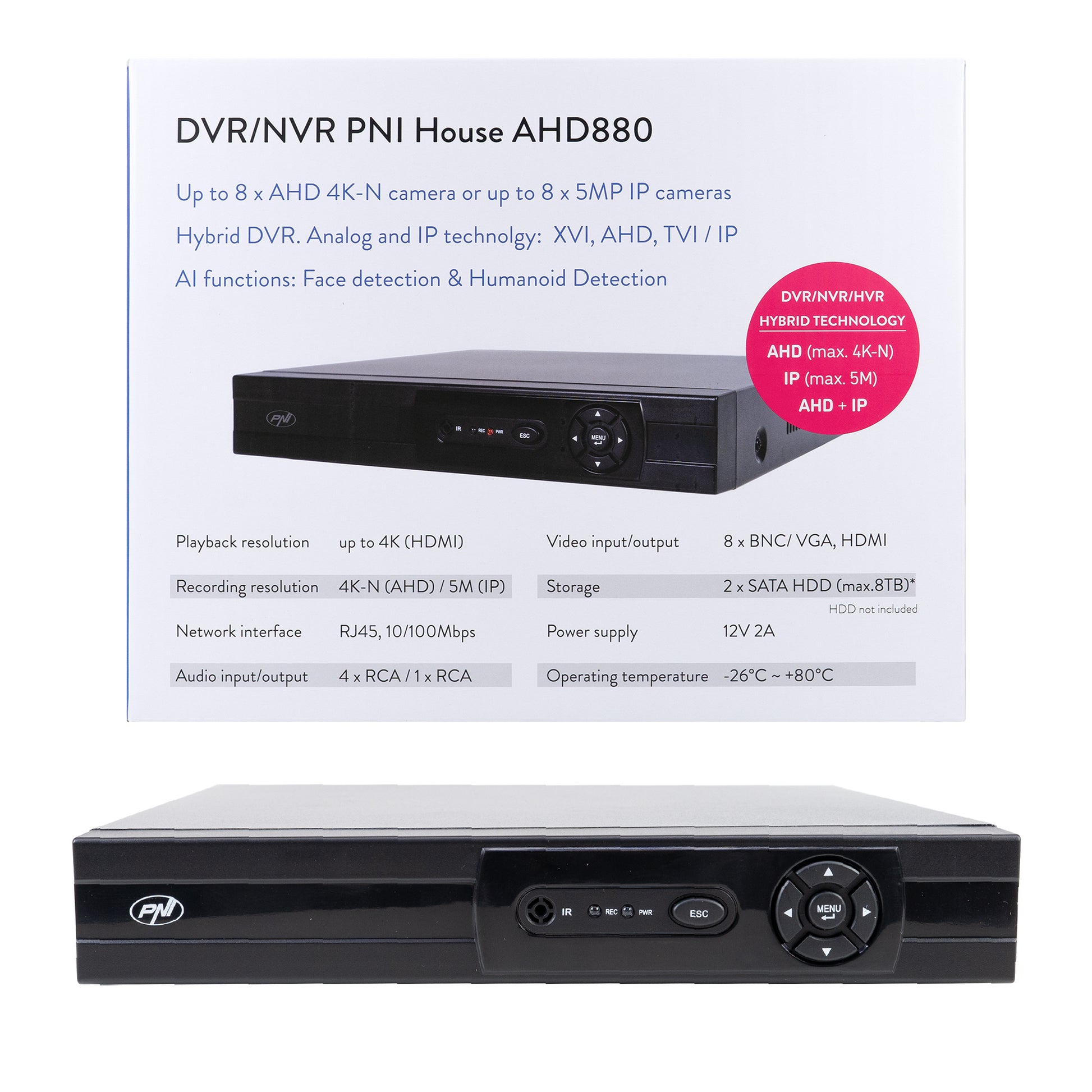 DVR/NVR PNI House AHD880, 8 canale analogice 4K-N sau 8 canale IP 5MP, H265+, intrare audio, iesire audio, USB2.0, 2 x SATA max 8TB