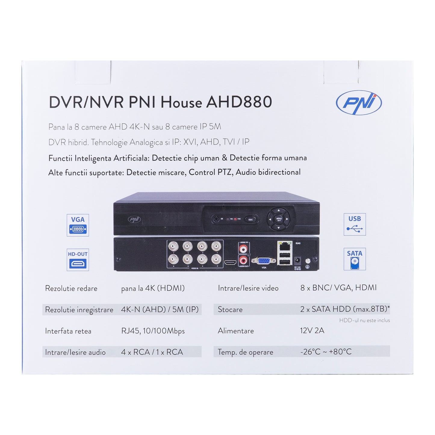 DVR/NVR PNI House AHD880, 8 canale analogice 4K-N sau 8 canale IP 5MP, H265+, intrare audio, iesire audio, USB2.0, 2 x SATA max 8TB