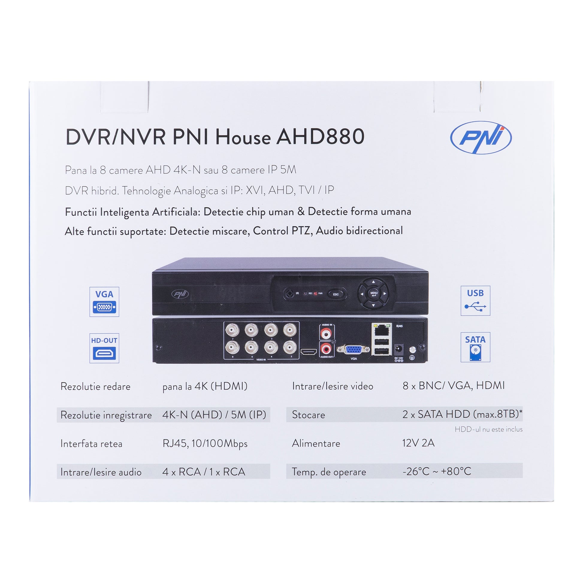 DVR/NVR PNI House AHD880, 8 canale analogice 4K-N sau 8 canale IP 5MP, H265+, intrare audio, iesire audio, USB2.0, 2 x SATA max 8TB