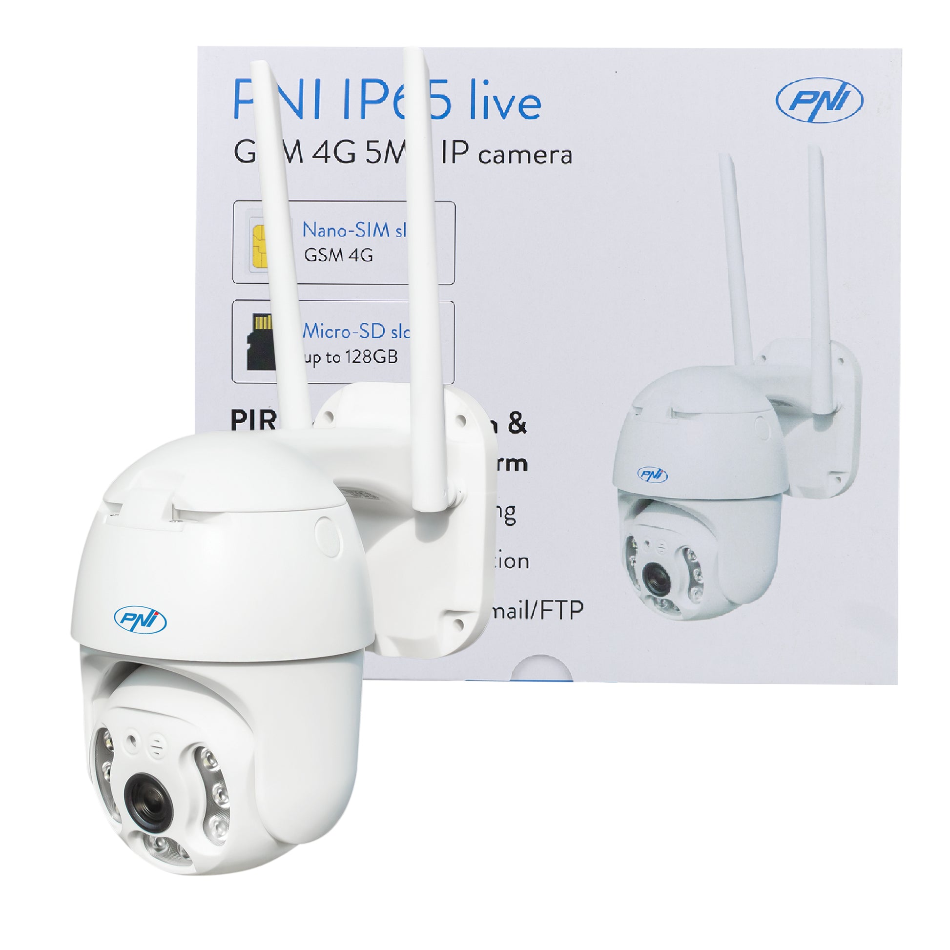 Camera supraveghere video PNI IP65 live PTZ 5MP, GSM 4G, slot card micro SD, detectie miscare, detectie silueta umana, de exterior IP66, LED-uri IR si LED-uri albe