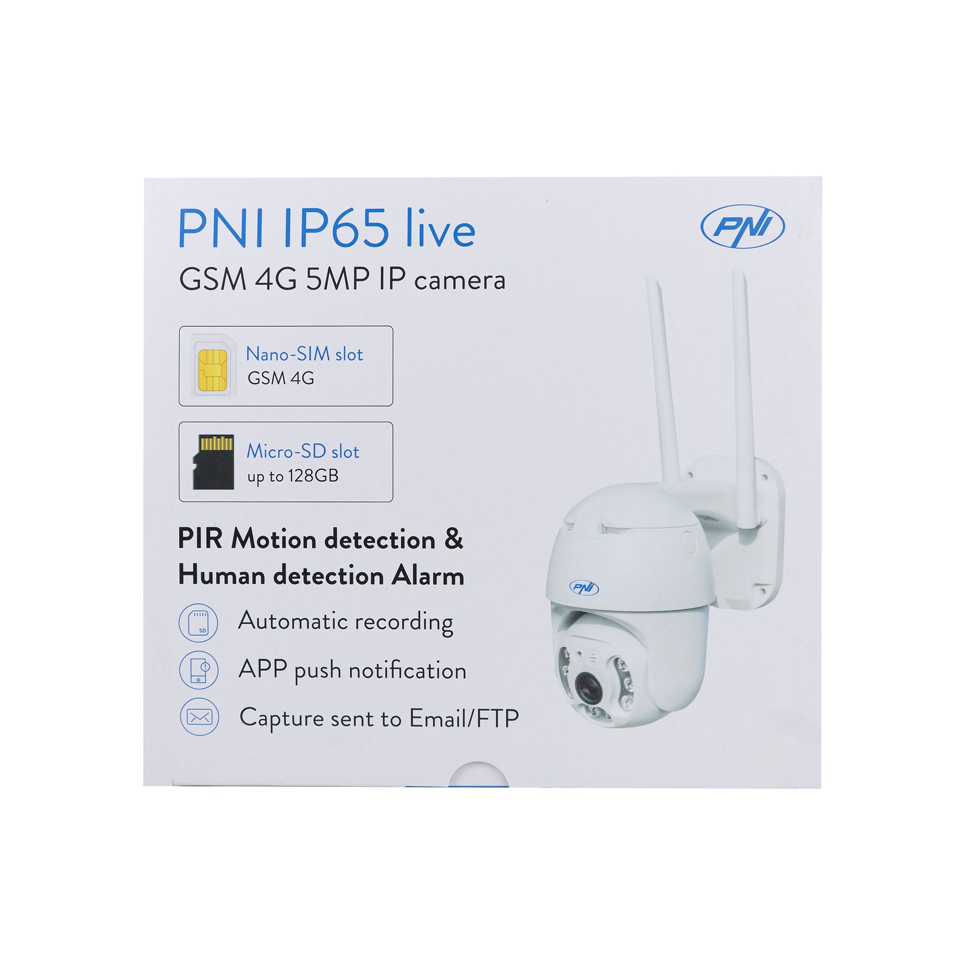 Camera supraveghere video PNI IP65 live PTZ 5MP, GSM 4G, slot card micro SD, detectie miscare, detectie silueta umana, de exterior IP66, LED-uri IR si LED-uri albe