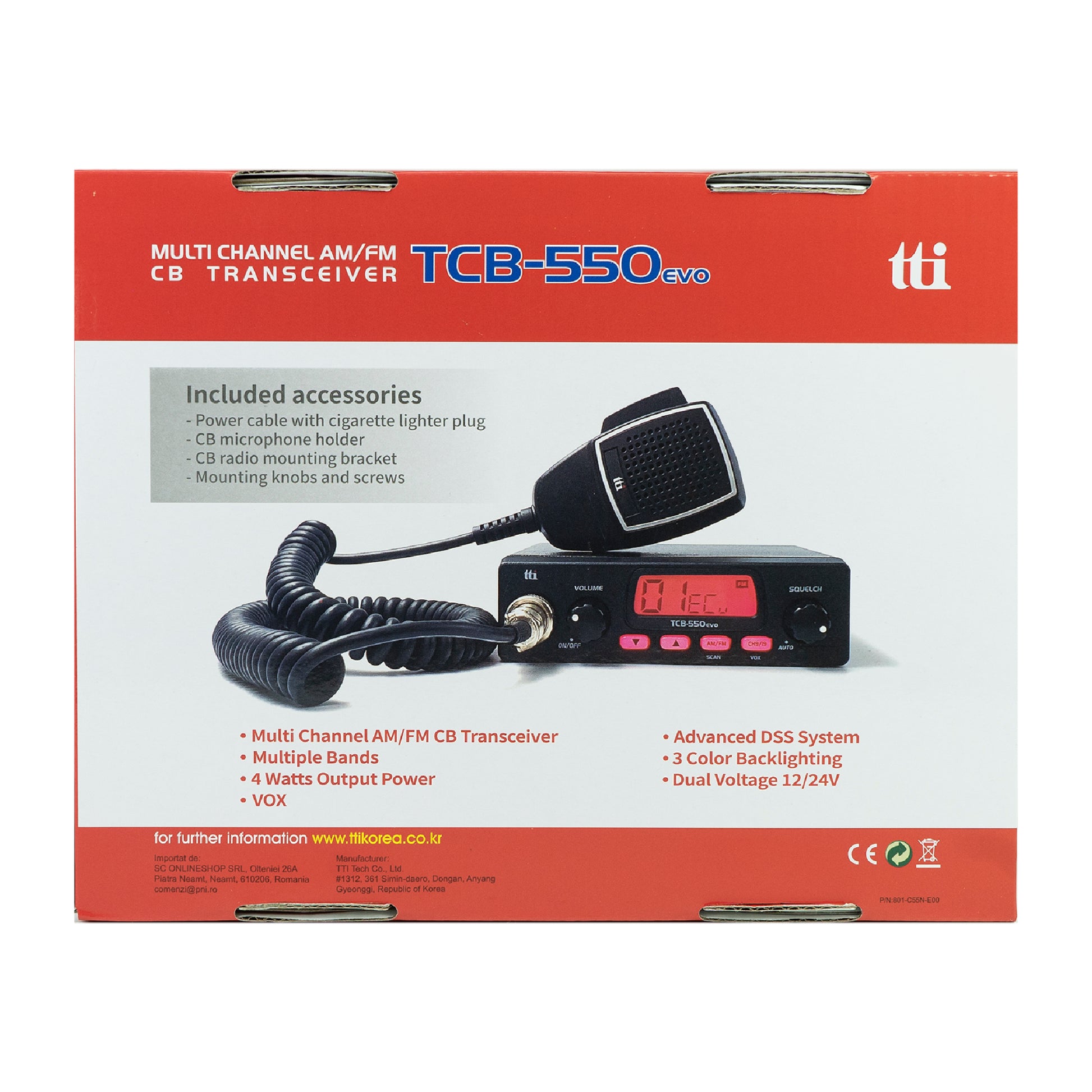 Statie radio CB TTi TCB-550 EVO, DSS, VOX, Filtru NB, Scan, ecran multicolor, 12-24V