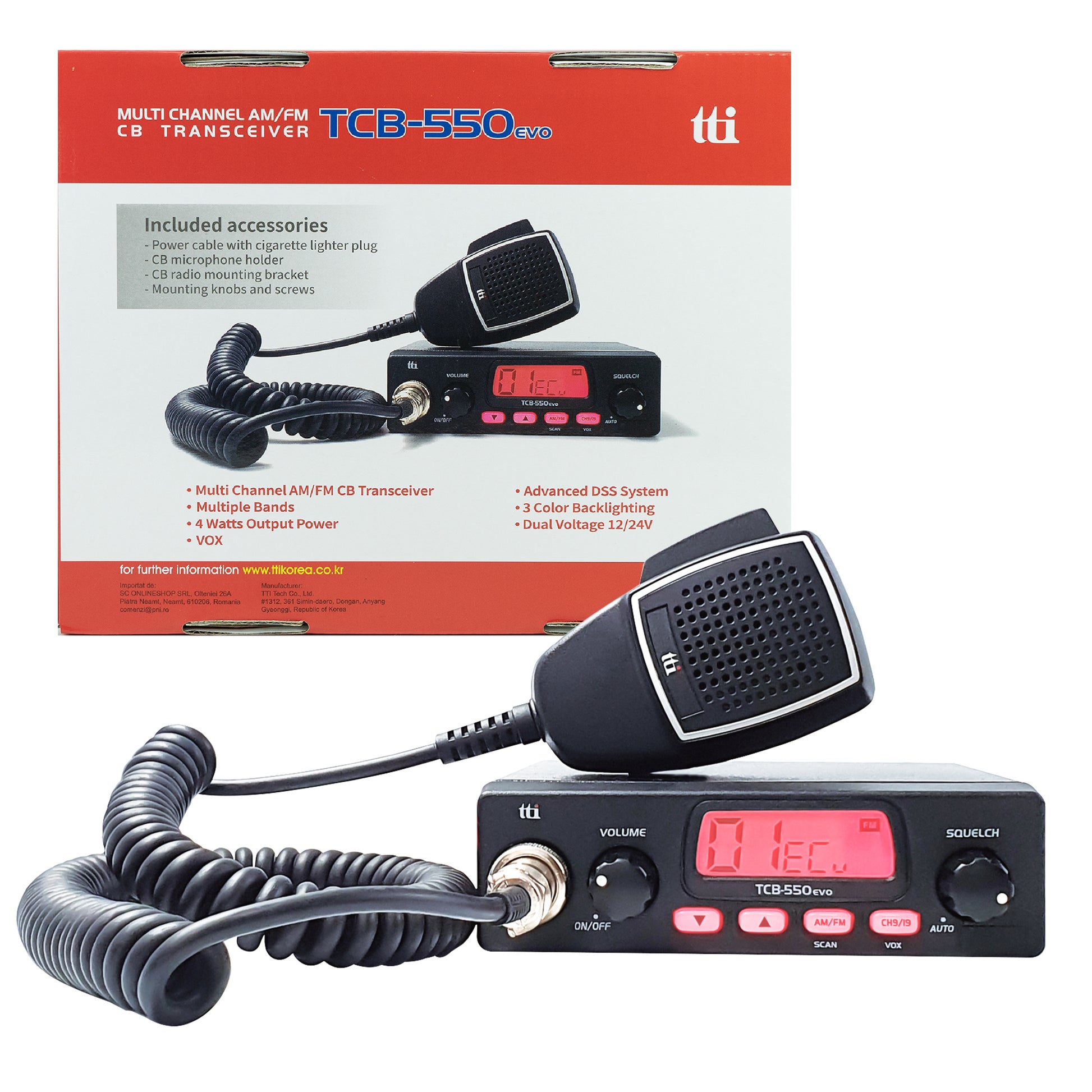 Statie radio CB TTi TCB-550 EVO, DSS, VOX, Filtru NB, Scan, ecran multicolor, 12-24V