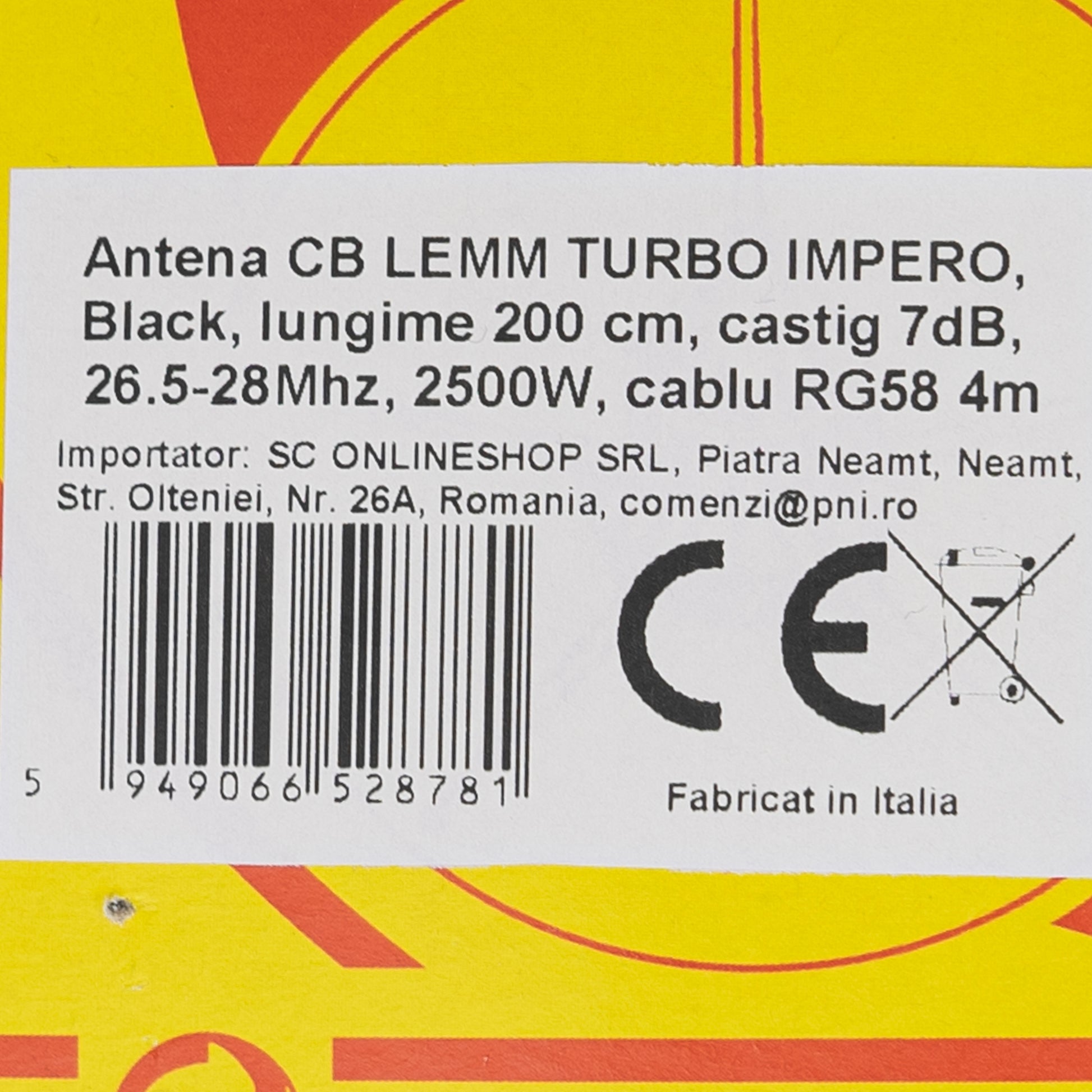 Antena CB LEMM TURBO IMPERO, Black, lungime 200 cm, castig 7dB, 26.5-28Mhz, 2500W, cablu RG58 4m, fabricata in Italia