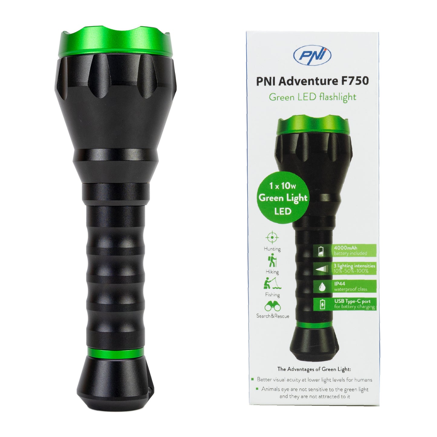 Lanterna PNI Adventure F750 Green Light din aluminiu, LED 10W, 500 lm, pana la 850 m, IP44, acumulator 4000mAh inclus, incarcare prin USB Type-C, lumina verde perfecta la vanatoare