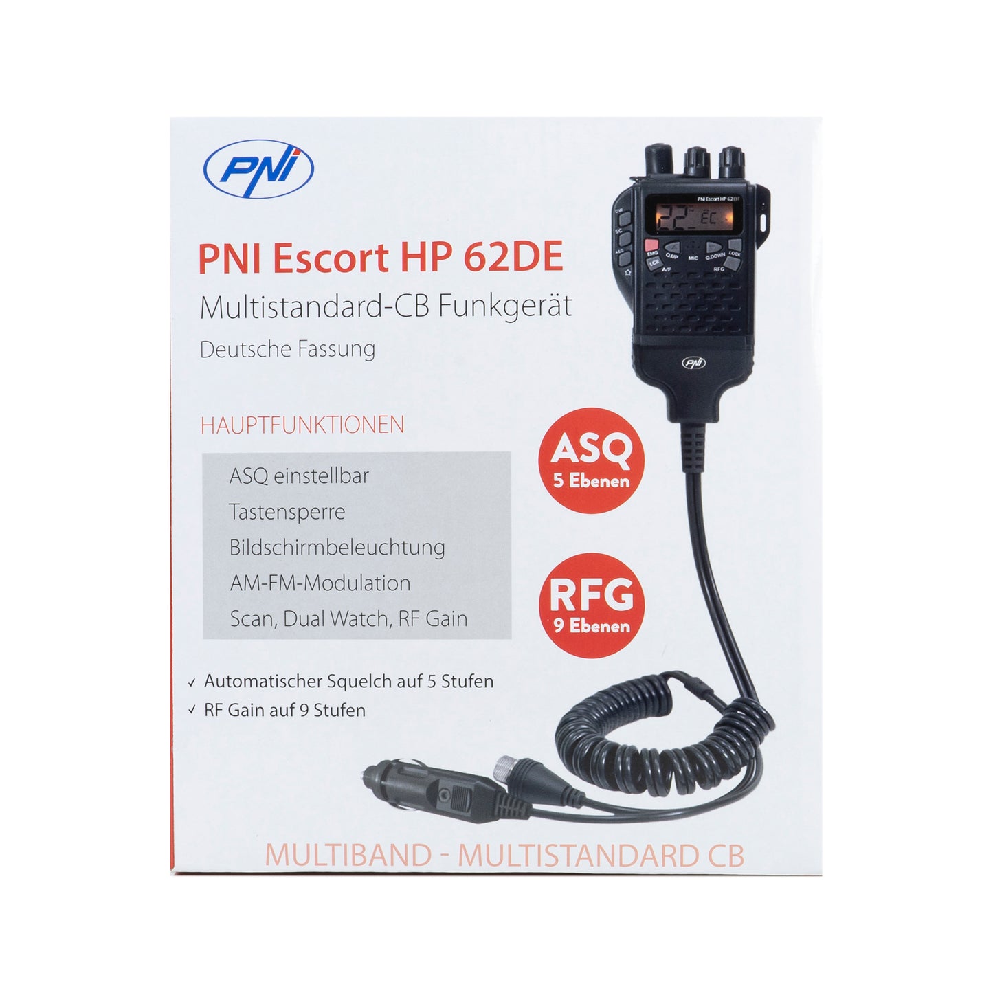 Statie radio CB portabila PNI Escort HP 62DE German version, multi standard, 4W, 12V, AM-FM, ASQ reglabil pe 5 niveluri, RF Gain pe 9 niveluri, Dual Watch, Scan, Lock