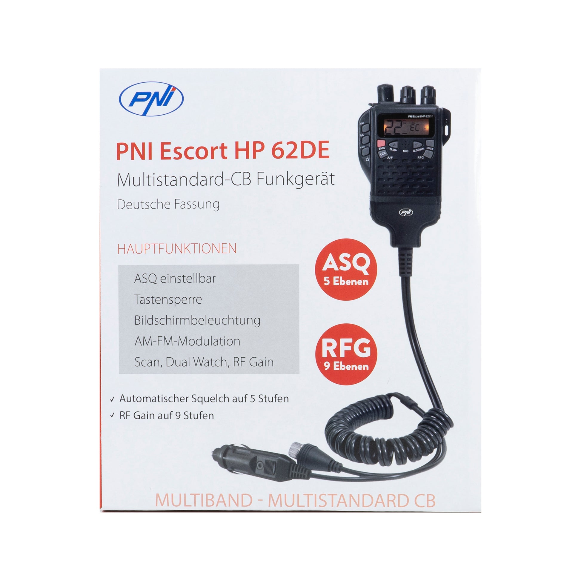 Statie radio CB portabila PNI Escort HP 62DE German version, multi standard, 4W, 12V, AM-FM, ASQ reglabil pe 5 niveluri, RF Gain pe 9 niveluri, Dual Watch, Scan, Lock