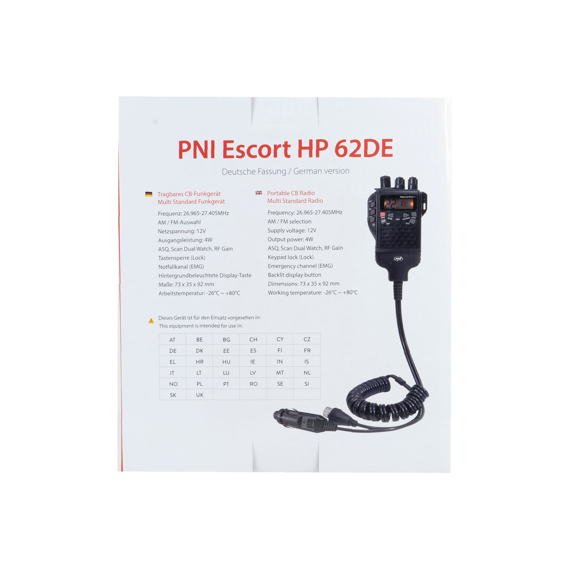 Statie radio CB portabila PNI Escort HP 62DE German version, multi standard, 4W, 12V, AM-FM, ASQ reglabil pe 5 niveluri, RF Gain pe 9 niveluri, Dual Watch, Scan, Lock