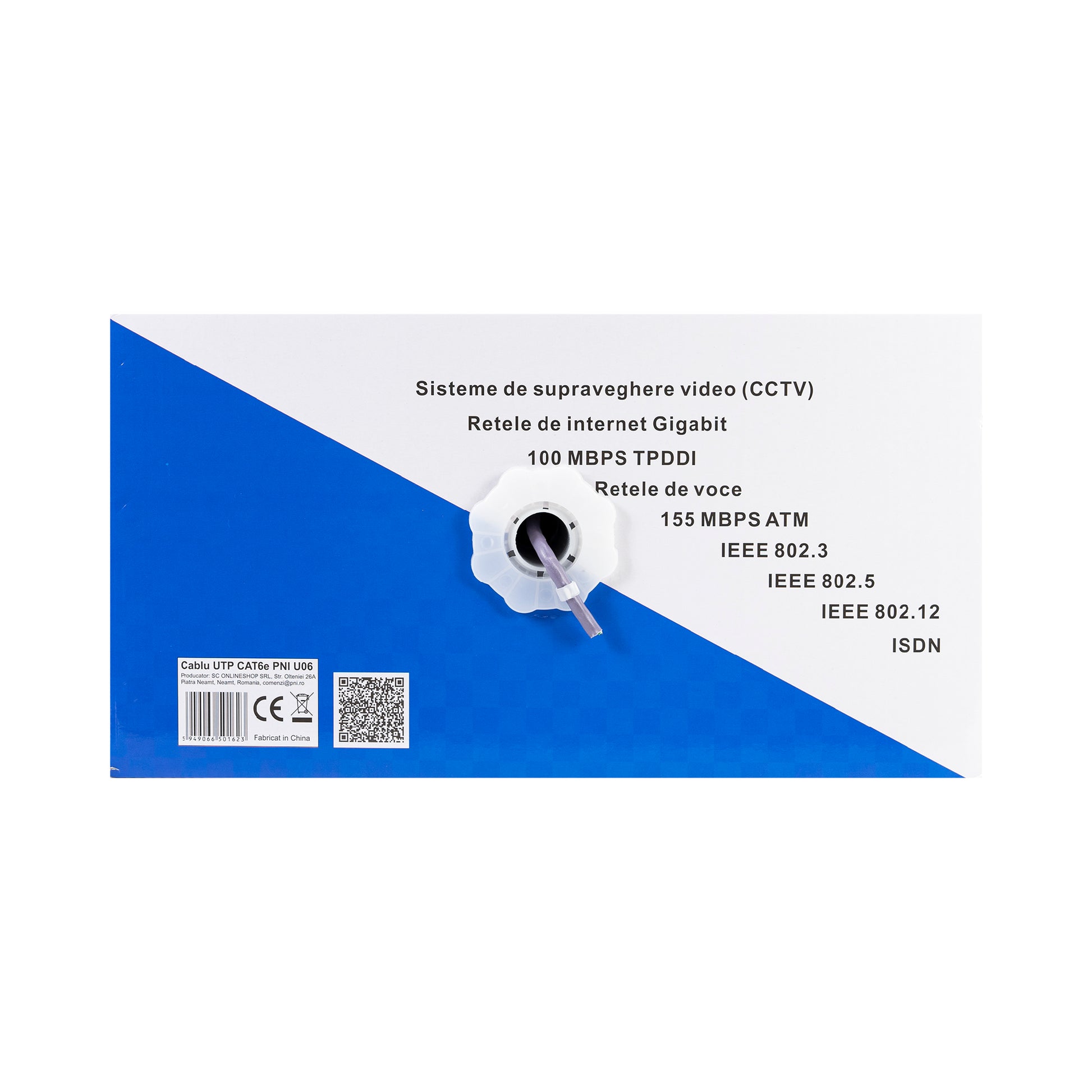 Cablu UTP CAT6 PNI U06 cu 4 perechi de fire torsadate 0.50 mm CCA, pentru internet si sisteme de supraveghere, rola 305m