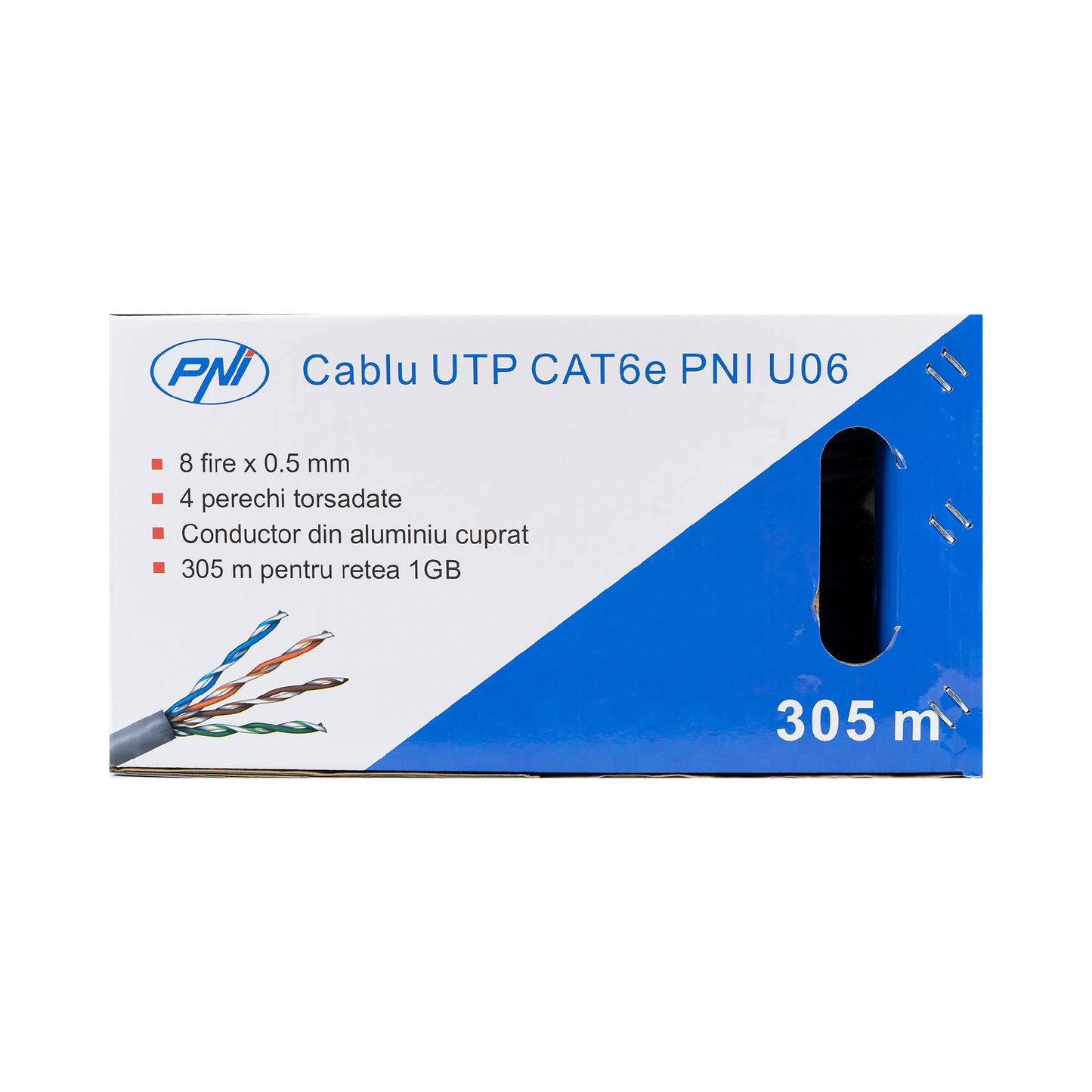 Cablu UTP CAT6 PNI U06 cu 4 perechi de fire torsadate 0.50 mm CCA, pentru internet si sisteme de supraveghere, rola 305m