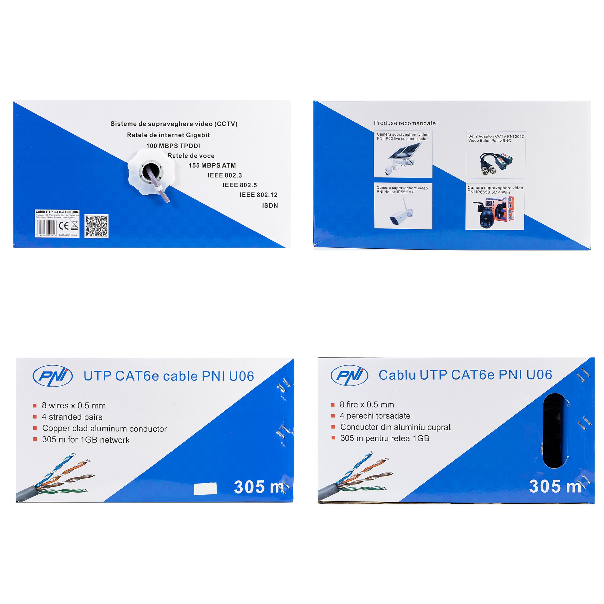 Cablu UTP CAT6 PNI U06 cu 4 perechi de fire torsadate 0.50 mm CCA, pentru internet si sisteme de supraveghere, rola 305m