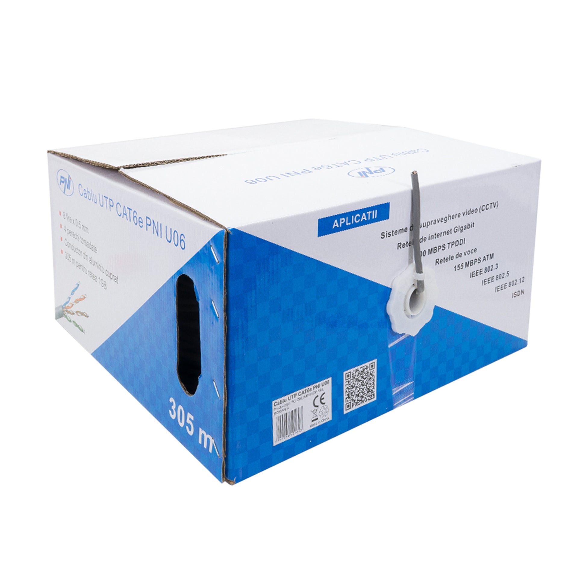 Cablu UTP CAT6 PNI U06 cu 4 perechi de fire torsadate 0.50 mm CCA, pentru internet si sisteme de supraveghere, rola 305m