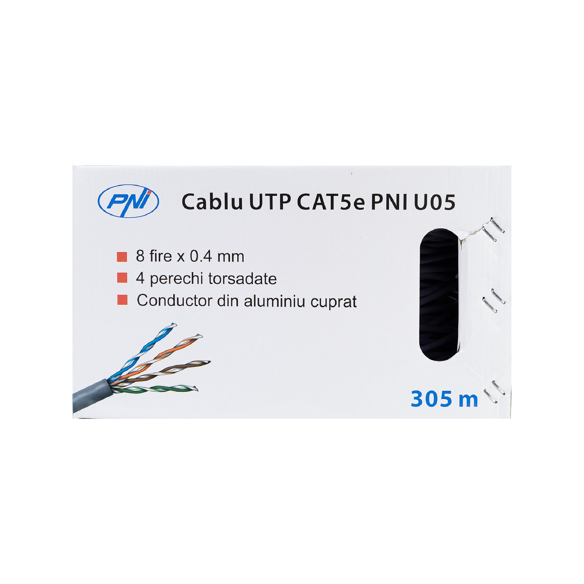 Cablu UTP CAT5e PNI U05 cu 4 perechi de fire torsadate 0.40 mm CCA, pentru internet 1 Gigabit si sisteme de supraveghere, rola 305m