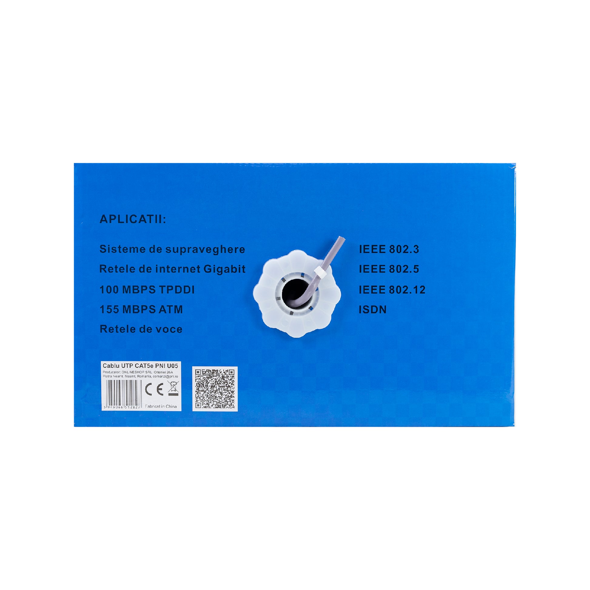 Cablu UTP CAT5e PNI U05 cu 4 perechi de fire torsadate 0.40 mm CCA, pentru internet 1 Gigabit si sisteme de supraveghere, rola 305m