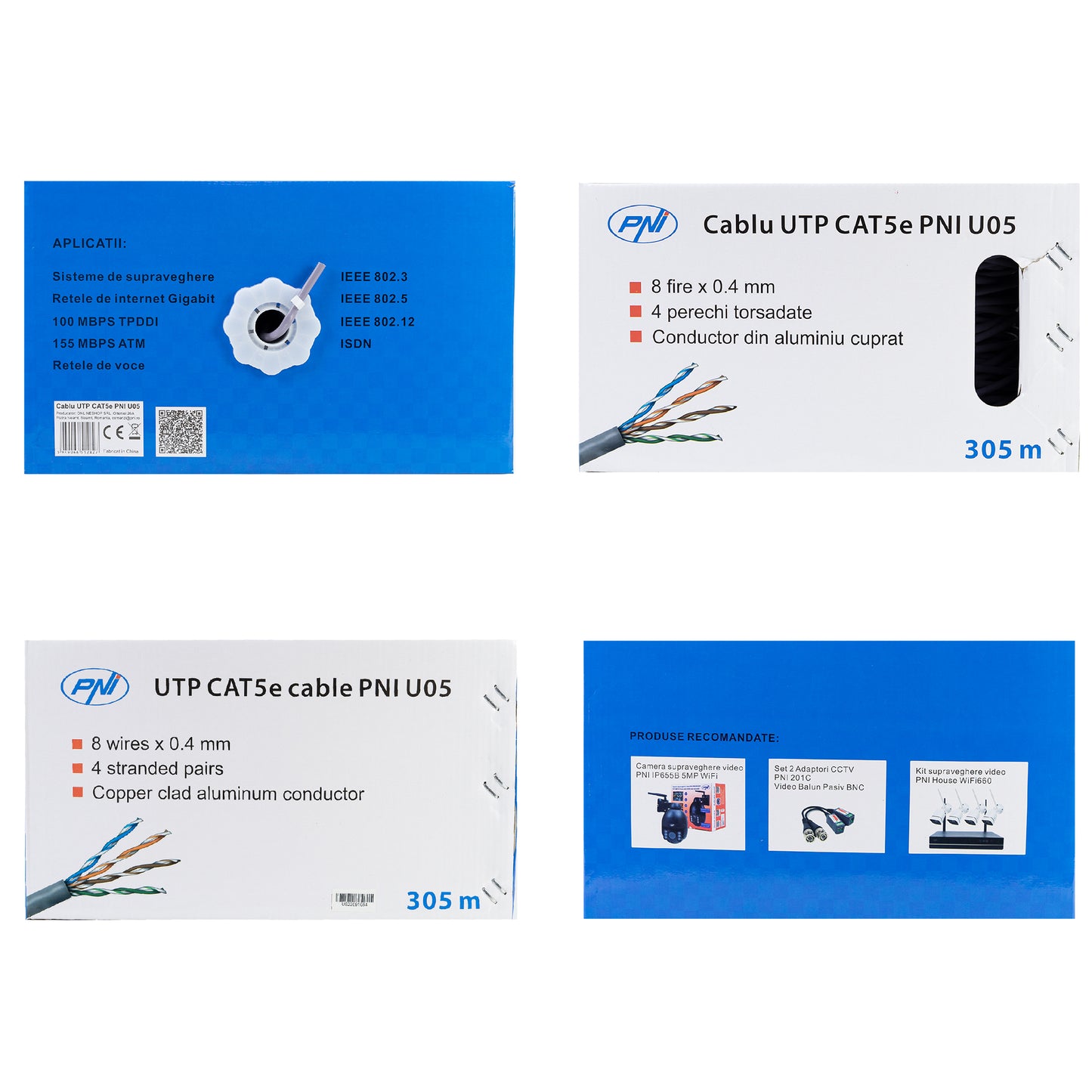 Cablu UTP CAT5e PNI U05 cu 4 perechi de fire torsadate 0.40 mm CCA, pentru internet 1 Gigabit si sisteme de supraveghere, rola 305m