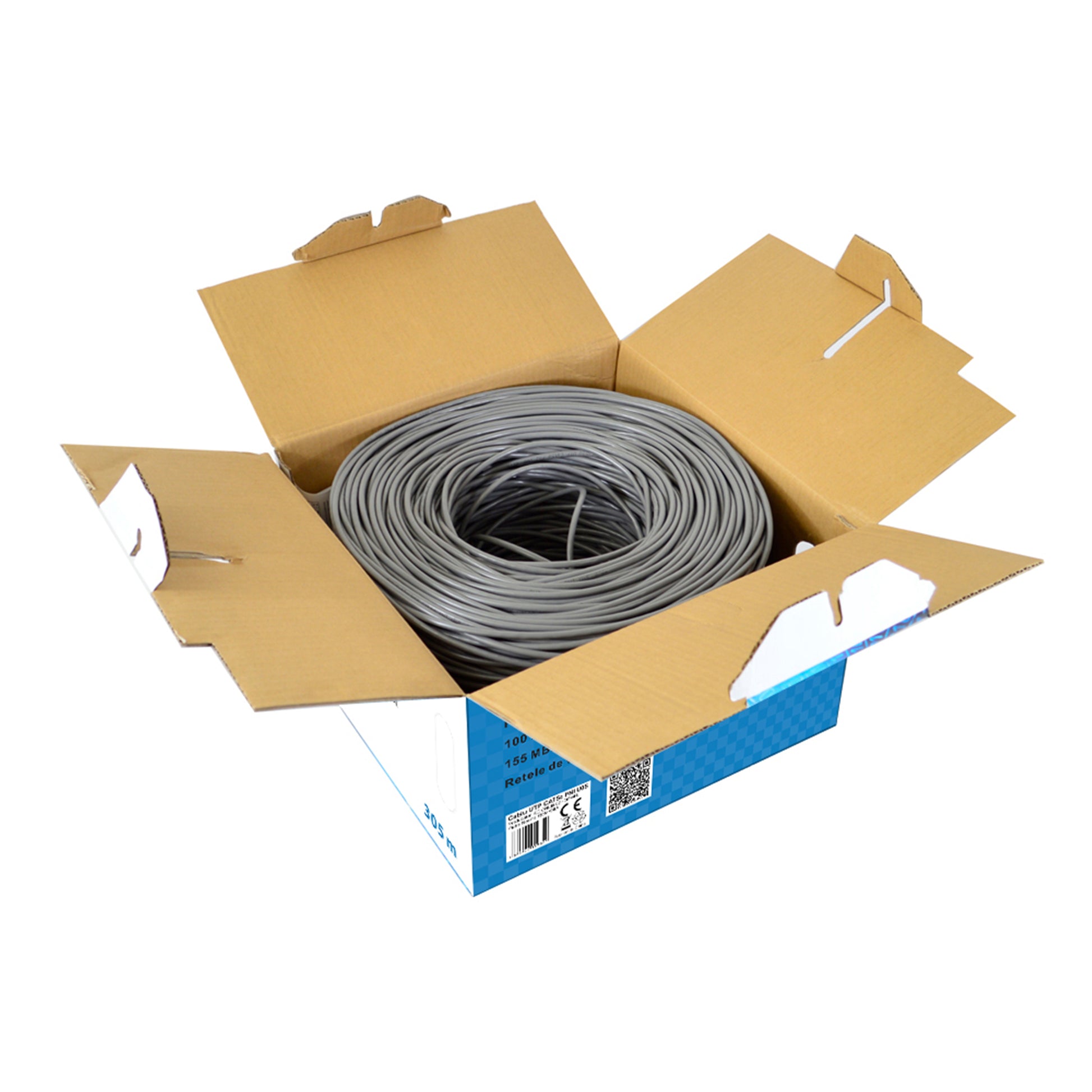 Cablu UTP CAT5e PNI U05 cu 4 perechi de fire torsadate 0.40 mm CCA, pentru internet 1 Gigabit si sisteme de supraveghere, rola 305m