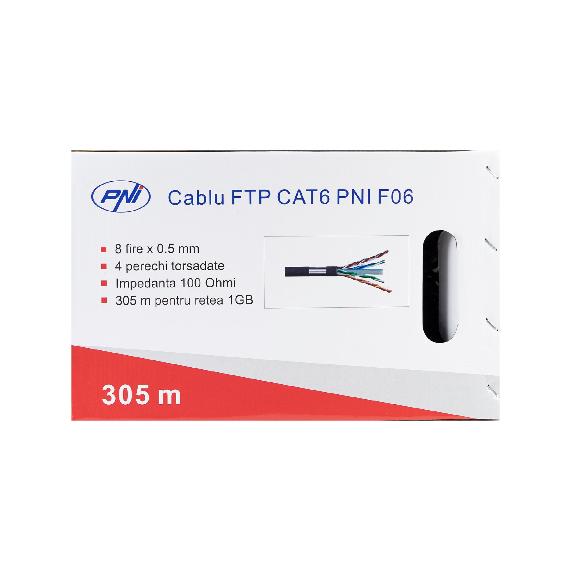 Cablu FTP CAT6 PNI F06 cu 4 perechi pentru internet 1 Gigabit si sisteme de supraveghere Rola 305m
