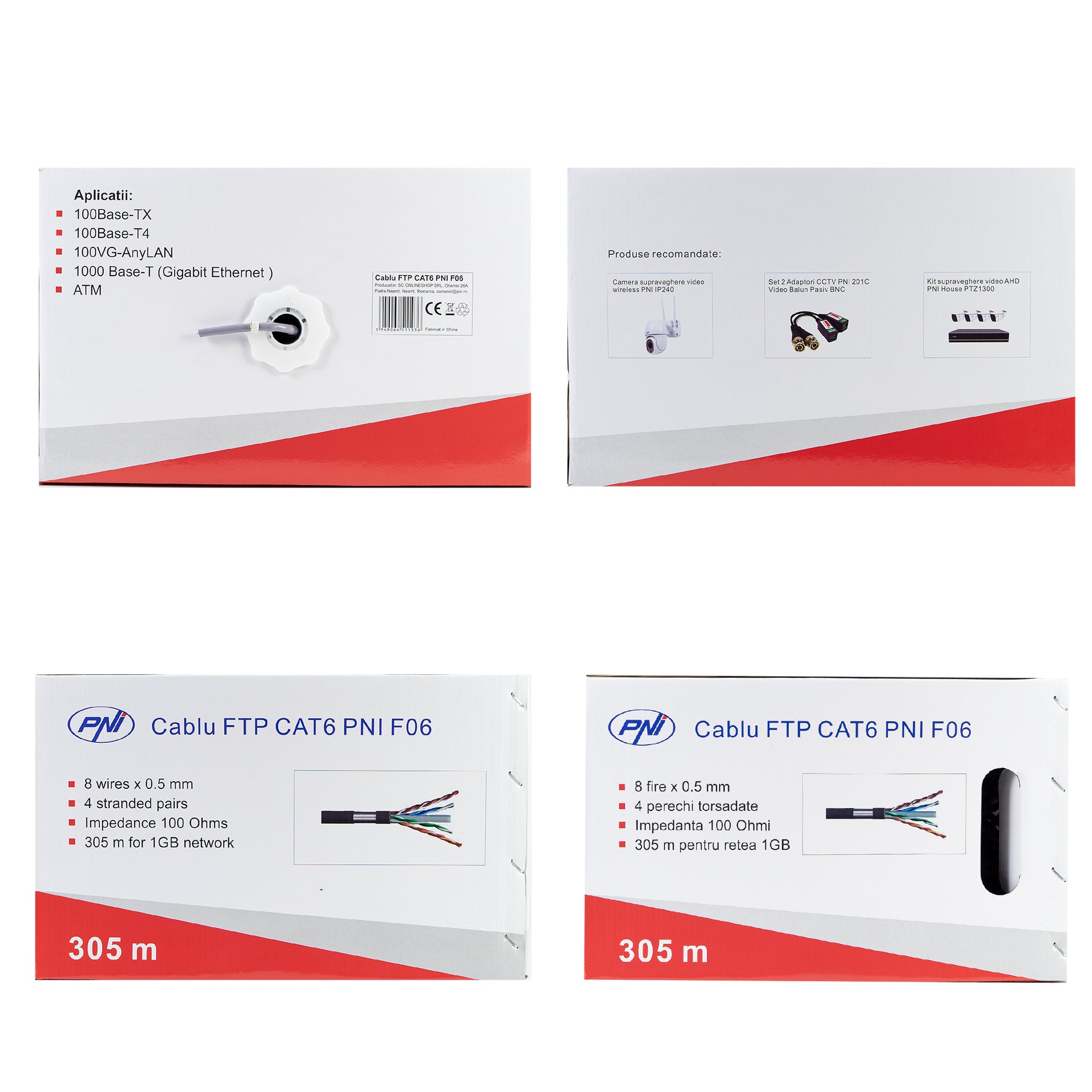 Cablu FTP CAT6 PNI F06 cu 4 perechi pentru internet 1 Gigabit si sisteme de supraveghere Rola 305m