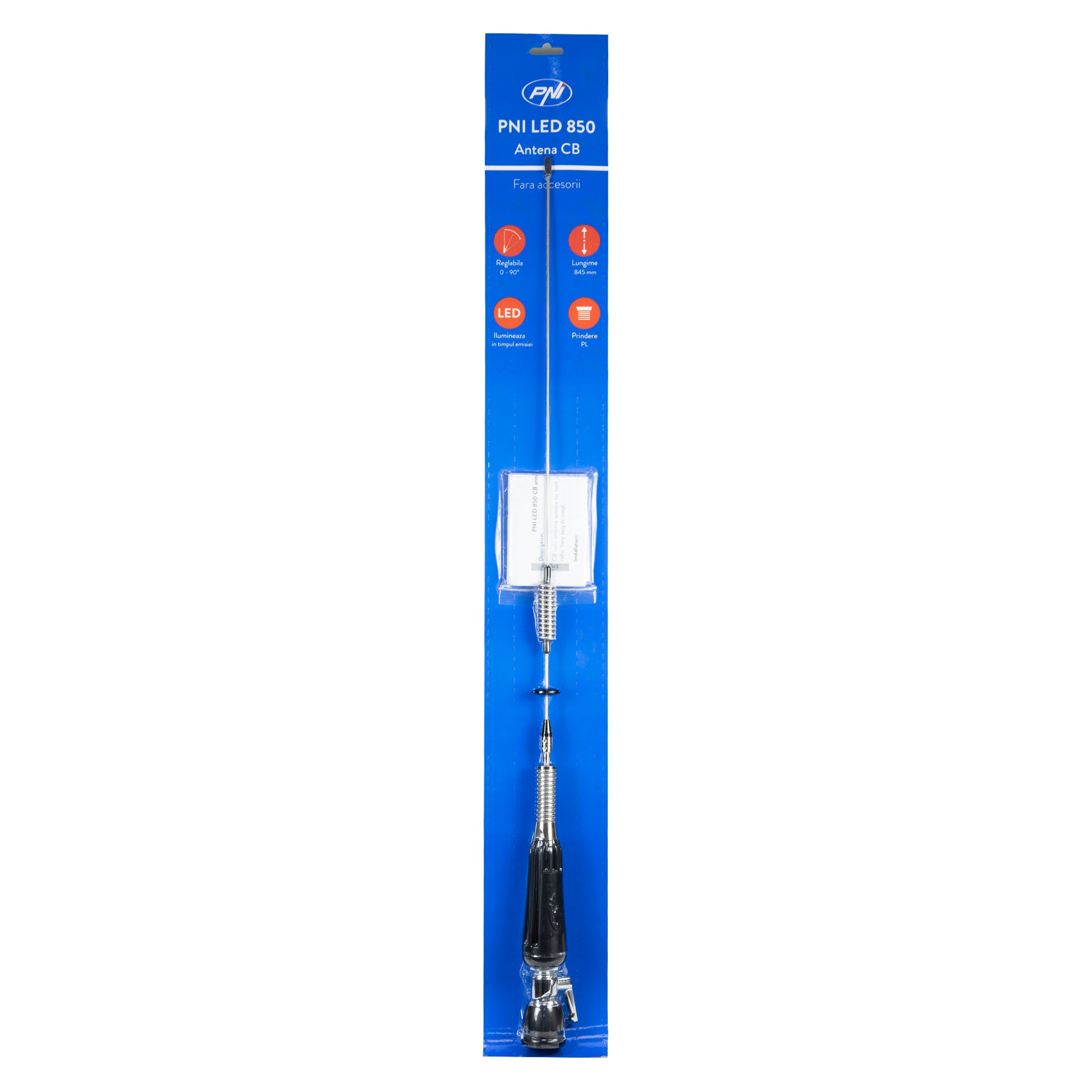 Antena CB PNI LED 850 rabatabila cu baza magnetica 145 mm, 85 cm lungime, 26-28 MHz, 300 Watt, ilumineaza in timpul emisiei, tip filet PL, fara accesorii