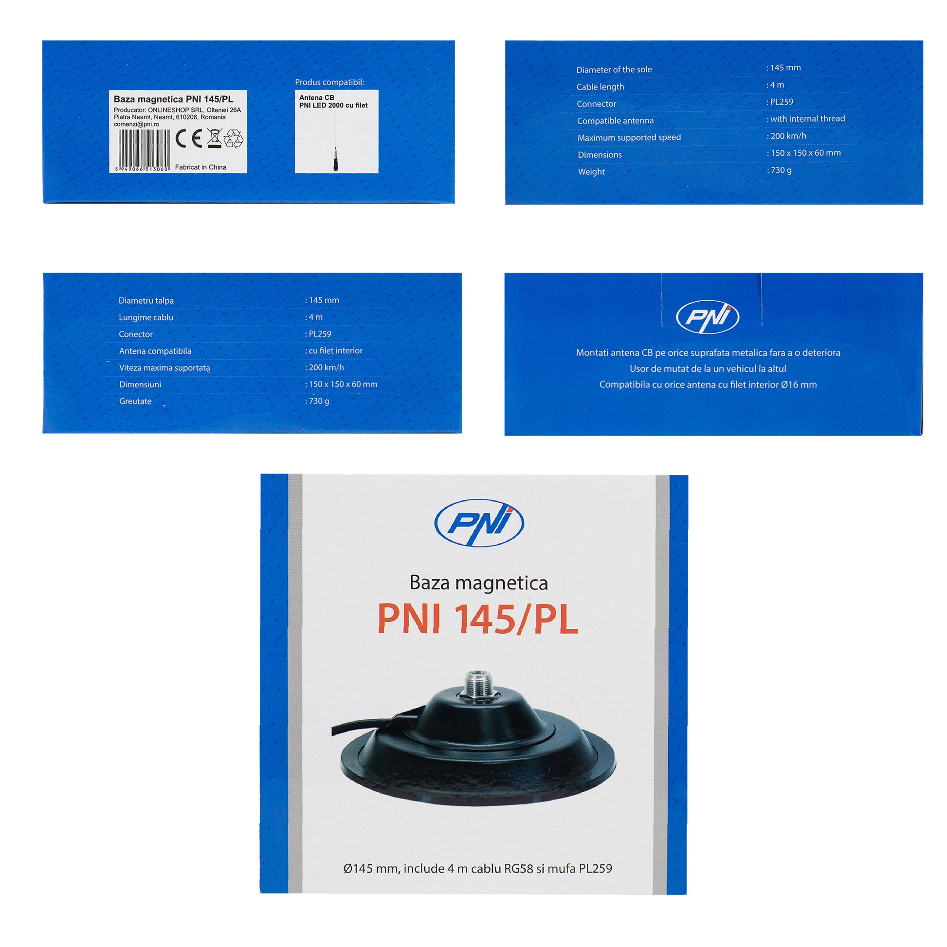 Baza magnetica PNI 145/PL 145mm contine cablu 4m si mufa PL259