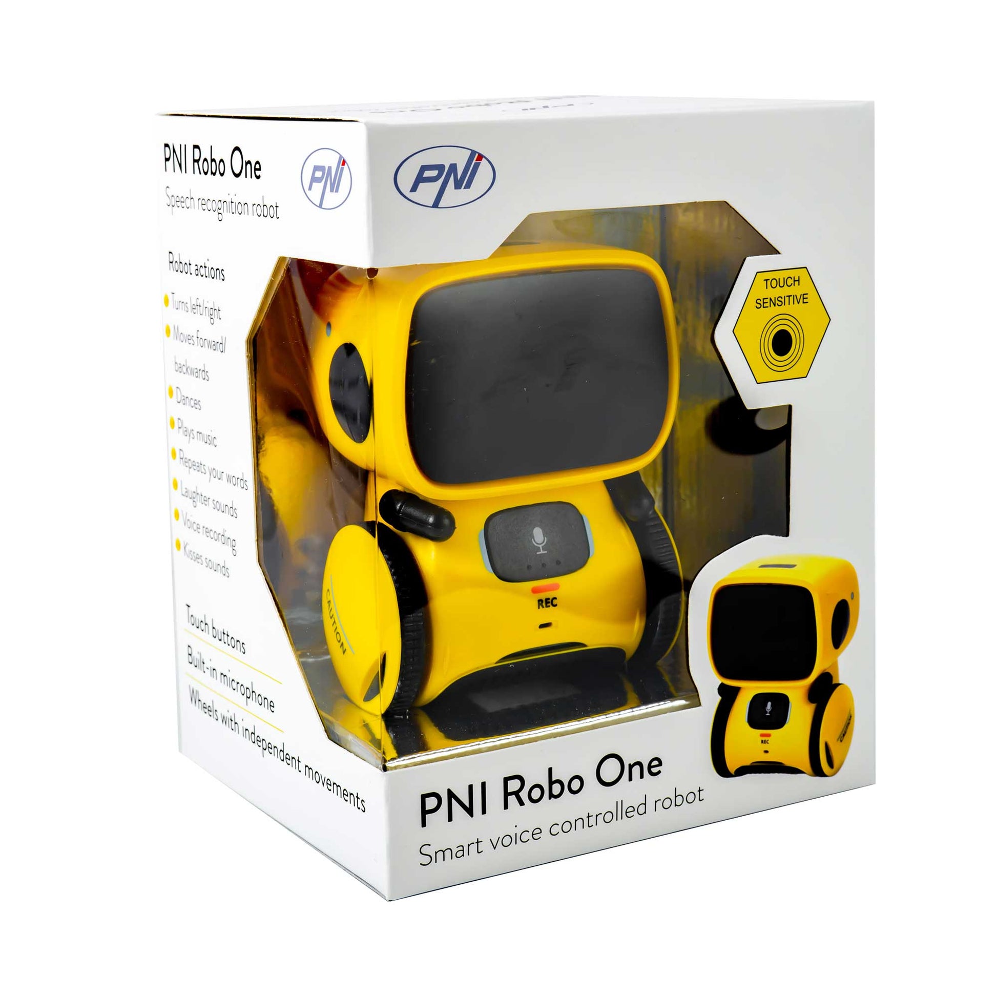 Robot inteligent interactiv PNI Robo One, control vocal, butoane tactile, galben
