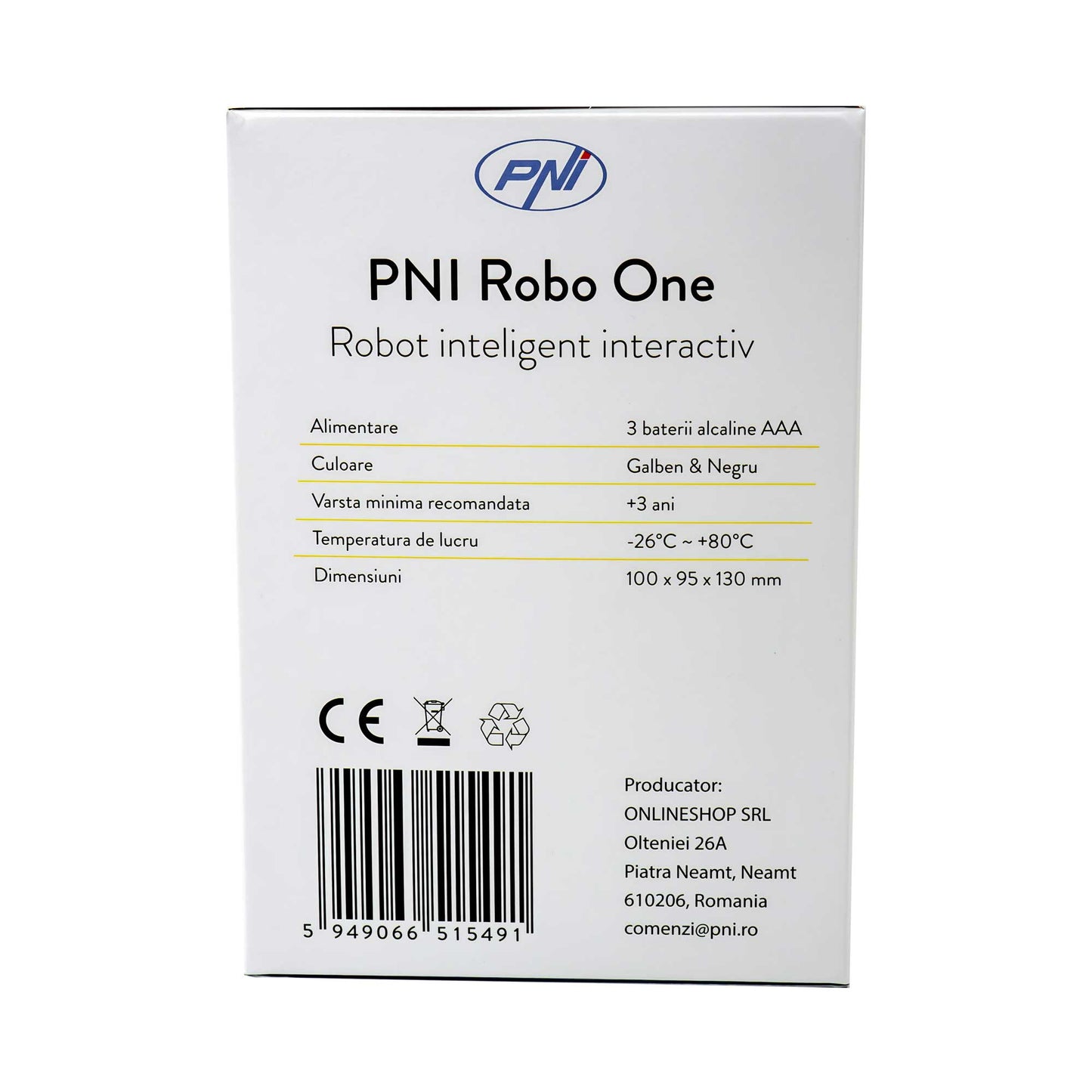 Robot inteligent interactiv PNI Robo One, control vocal, butoane tactile, galben