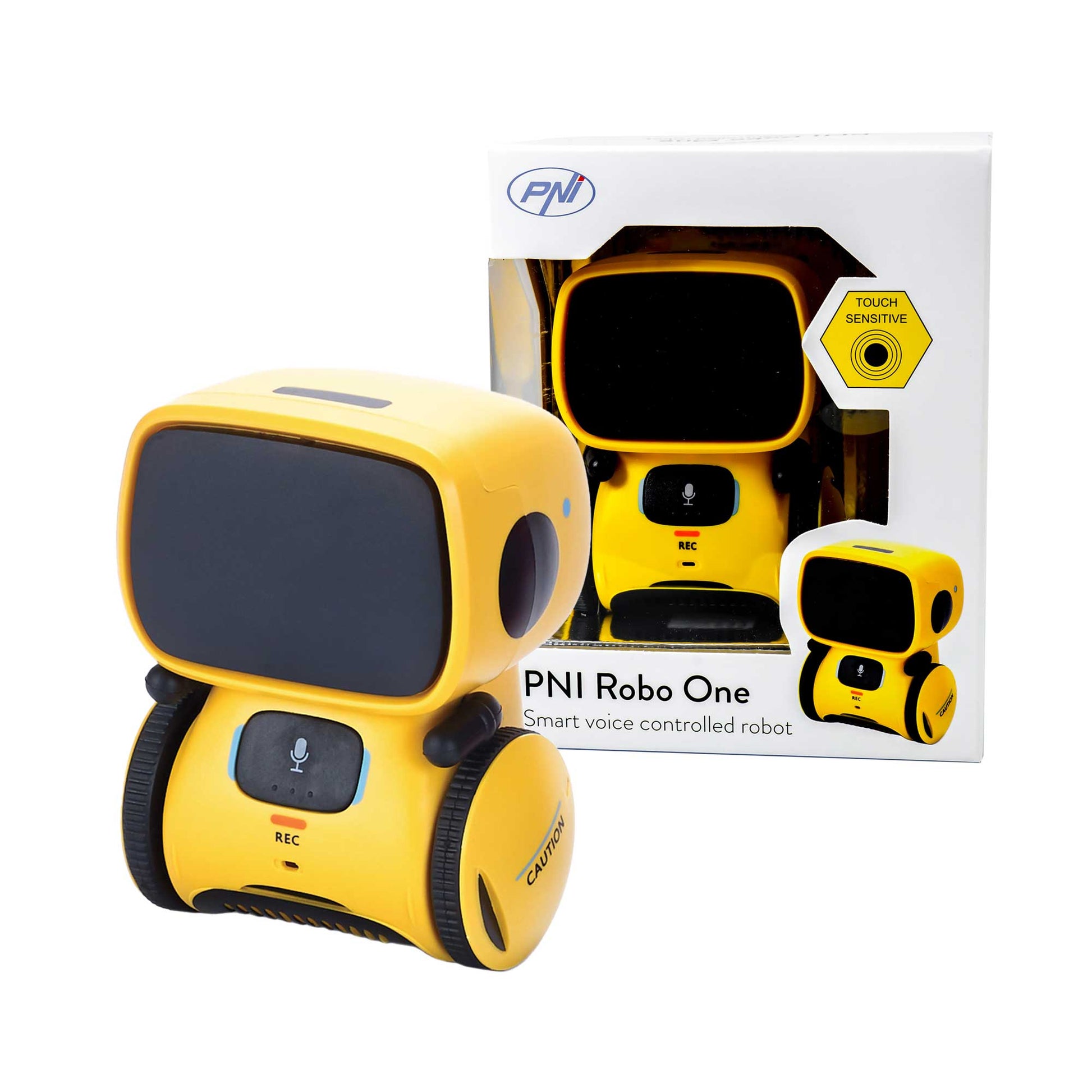 Robot inteligent interactiv PNI Robo One, control vocal, butoane tactile, galben