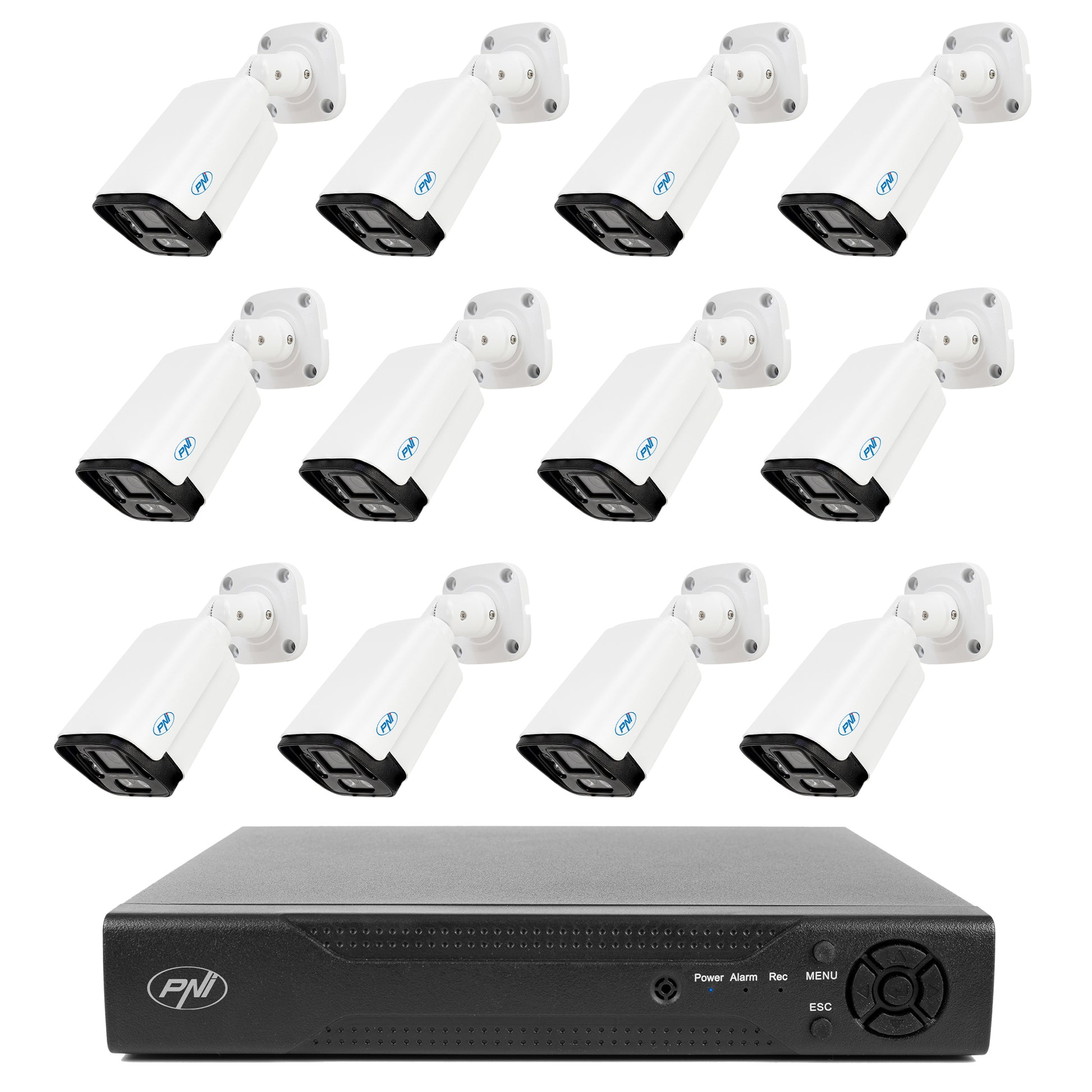 Pachet supraveghere video NVR PNI House IP716, 16 canale IP 4K, H.265, ONVIF  si 12 camere PNI IP125 cu IP, 5MP, IP66
