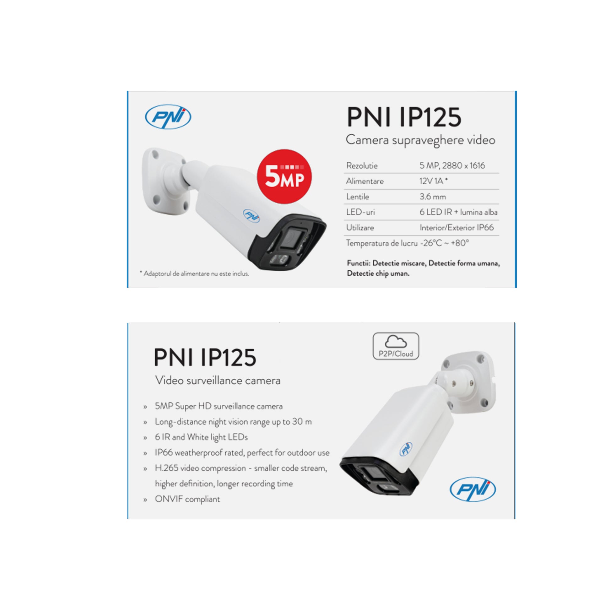 Pachet supraveghere video NVR PNI House IP716, 16 canale IP 4K, H.265, ONVIF  si 4 camere PNI IP125 cu IP, 5MP, IP66