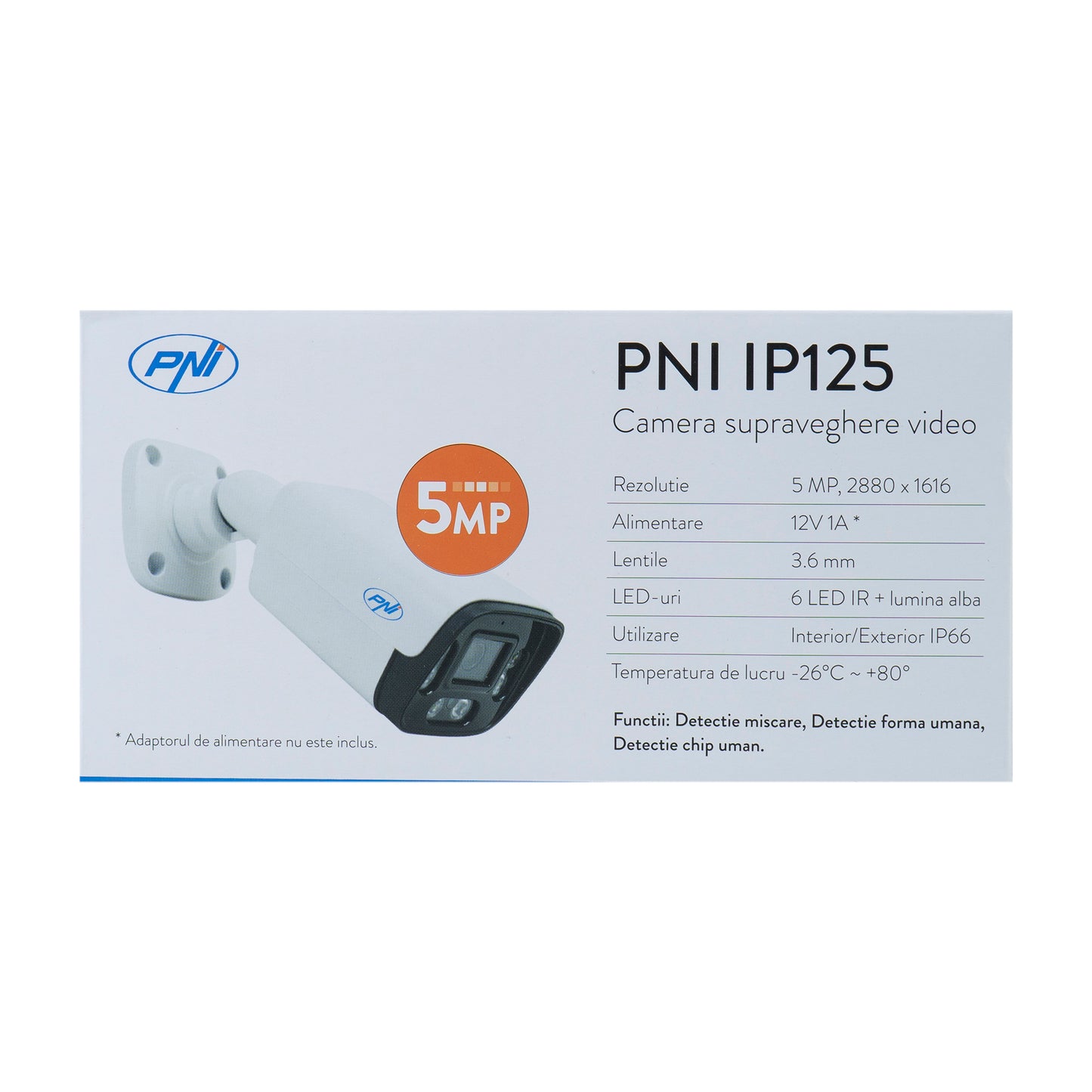Camera supraveghere video PNI IP125 cu IP, 5MP, H.265, ONVIF, de exterior si interior IP66, detectie umana, detectie miscare