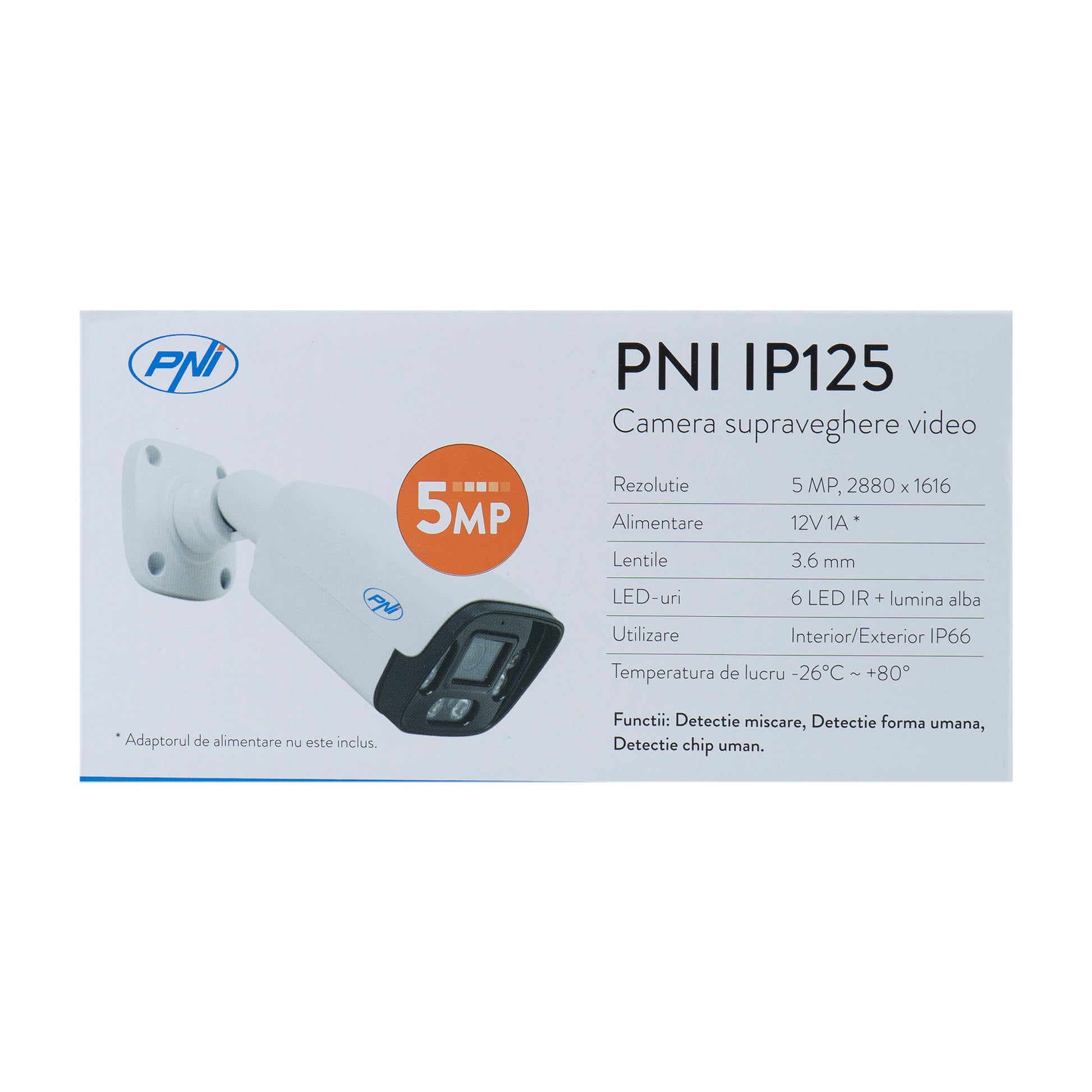 Camera supraveghere video PNI IP125 cu IP, 5MP, H.265, ONVIF, de exterior si interior IP66, detectie umana, detectie miscare
