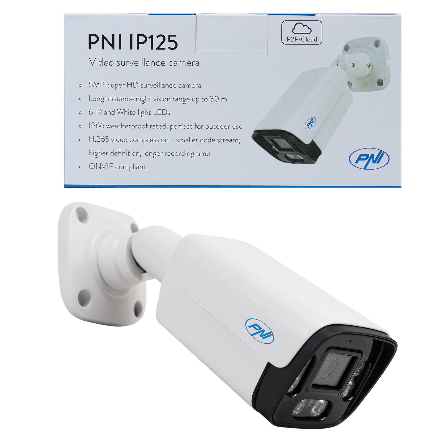 Camera supraveghere video PNI IP125 cu IP, 5MP, H.265, ONVIF, de exterior si interior IP66, detectie umana, detectie miscare