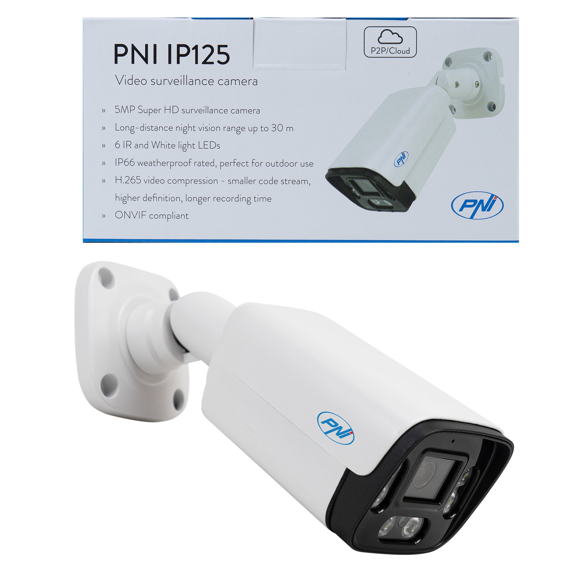 Camera supraveghere video PNI IP125 cu IP, 5MP, H.265, ONVIF, de exterior si interior IP66, detectie umana, detectie miscare