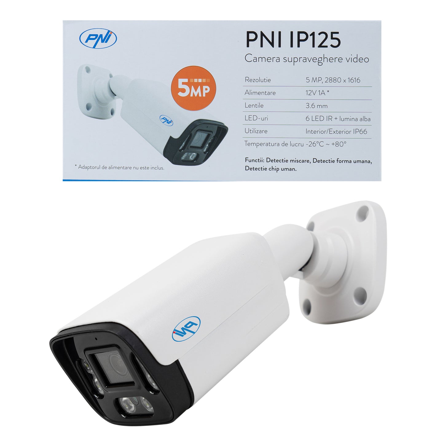 Camera supraveghere video PNI IP125 cu IP, 5MP, H.265, ONVIF, de exterior si interior IP66, detectie umana, detectie miscare