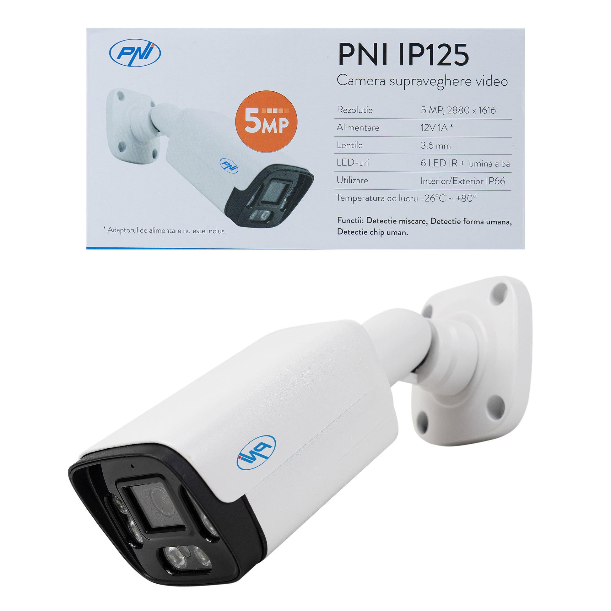 Camera supraveghere video PNI IP125 cu IP, 5MP, H.265, ONVIF, de exterior si interior IP66, detectie umana, detectie miscare