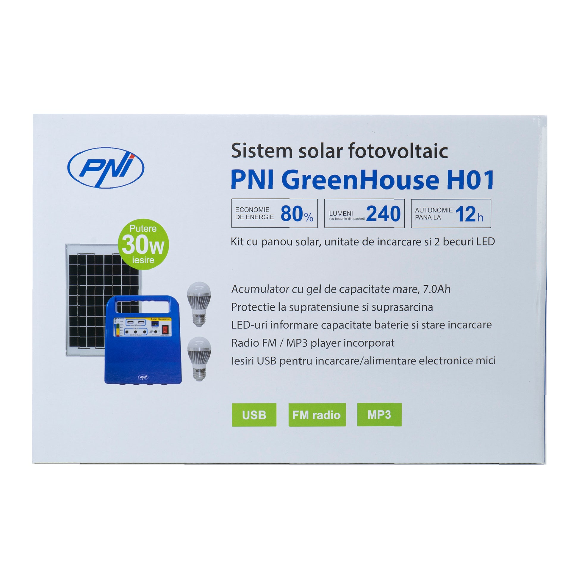 Sistem solar fotovoltaic PNI GreenHouse H01 30W cu acumulator 12V/7Ah, USB/Radio/MP3, 2 becuri LED