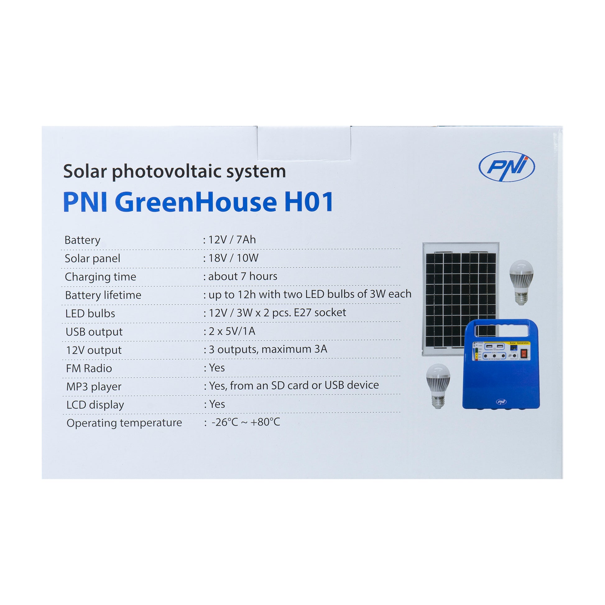 Sistem solar fotovoltaic PNI GreenHouse H01 30W cu acumulator 12V/7Ah, USB/Radio/MP3, 2 becuri LED