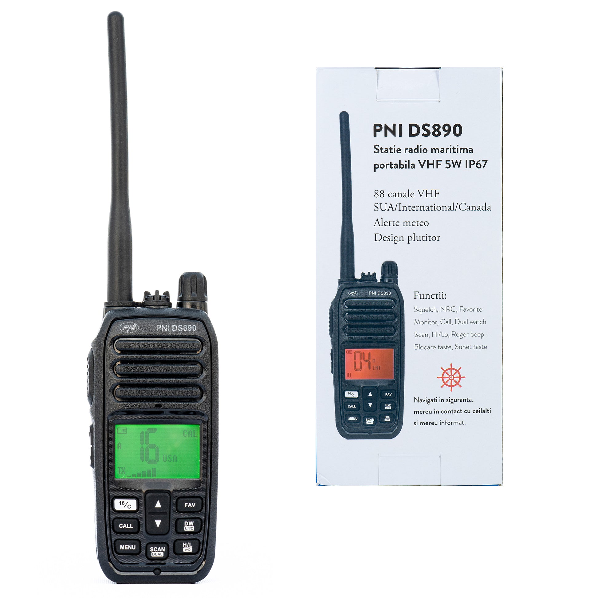 Statie radio maritima portabila PNI DS890 88 canale, 10 canale meteo, Squelch reglabil, Roger Beep, Dual Watch, Scan, Call, NRC, acumulator 1800mAh, IP67