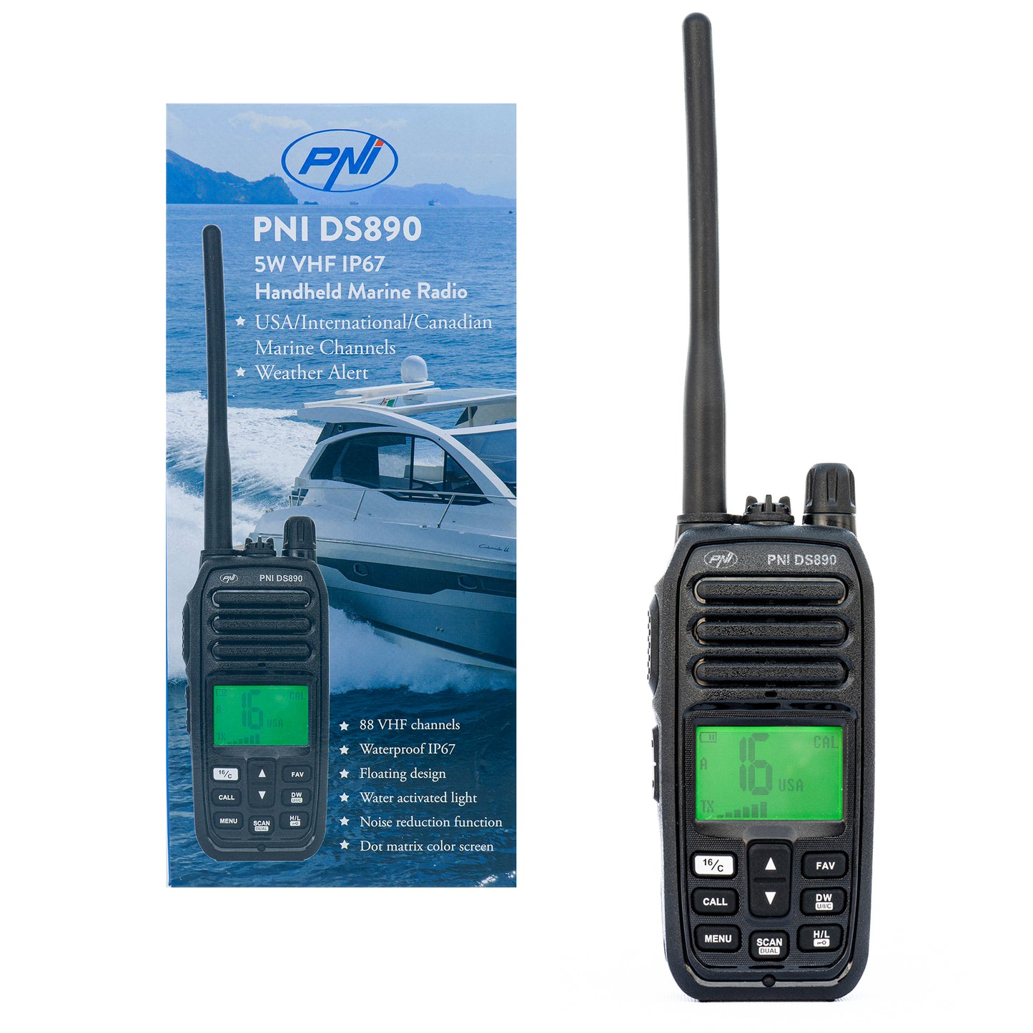Statie radio maritima portabila PNI DS890 88 canale, 10 canale meteo, Squelch reglabil, Roger Beep, Dual Watch, Scan, Call, NRC, acumulator 1800mAh, IP67