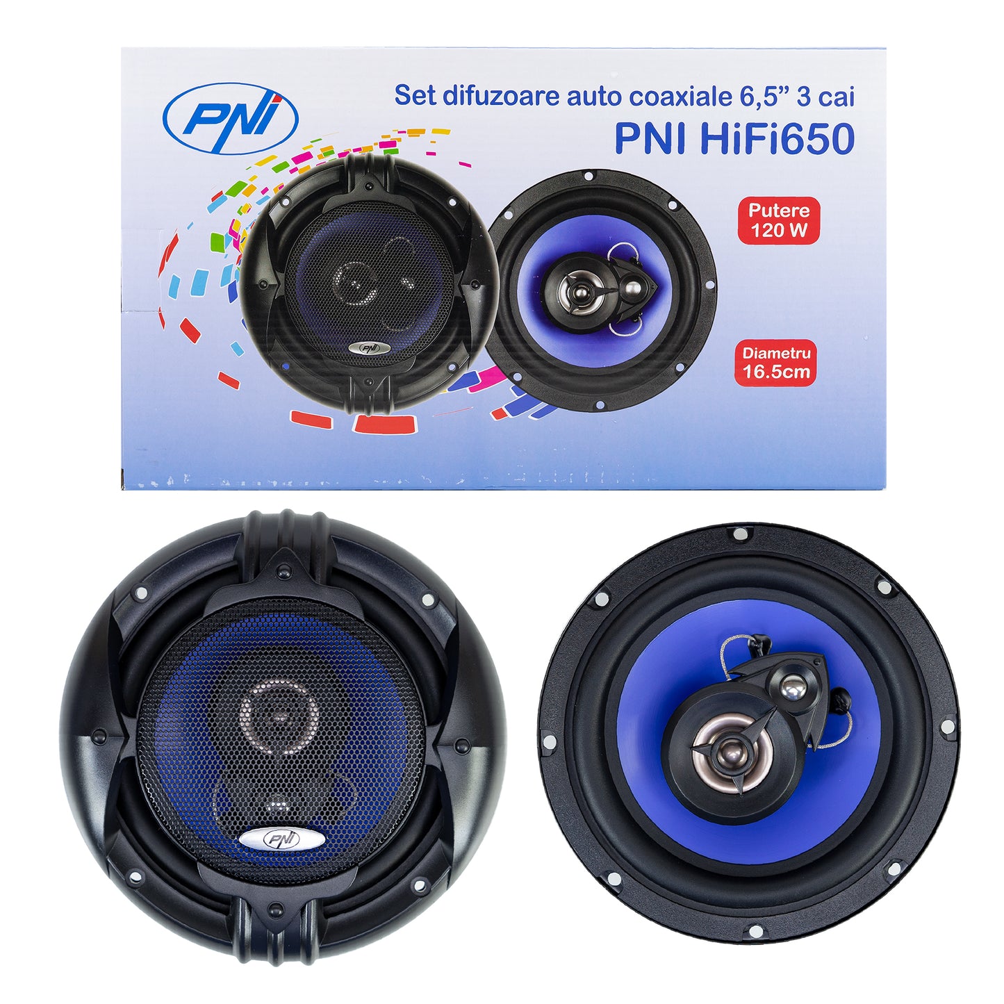 Difuzoare auto coaxiale PNI HiFi650, 120W, 16.5 cm, 3 cai, grila inclusa set 2 buc